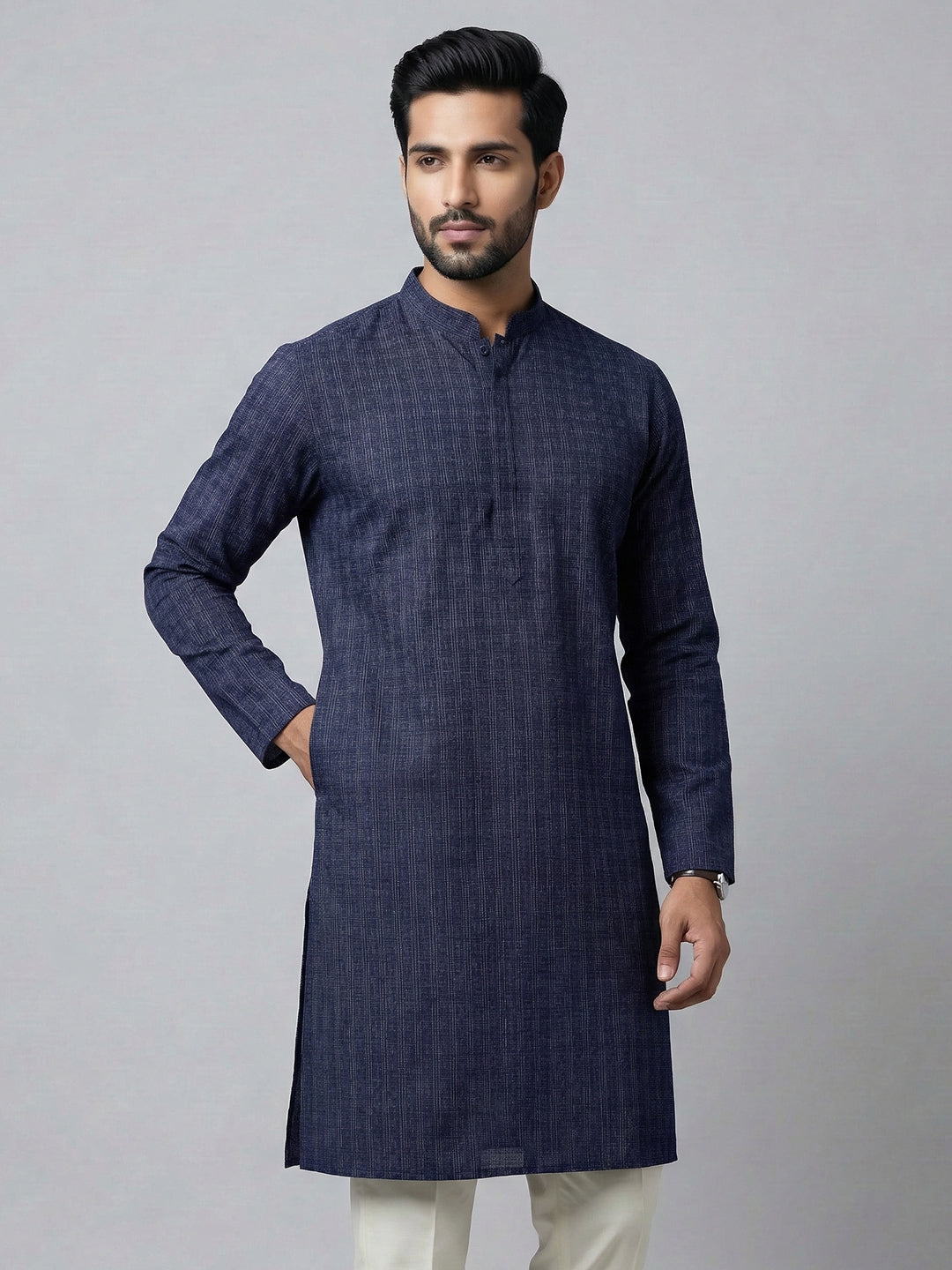 Men Cotton Medium Length Printed Pocket Kurta Dark Blue RN48