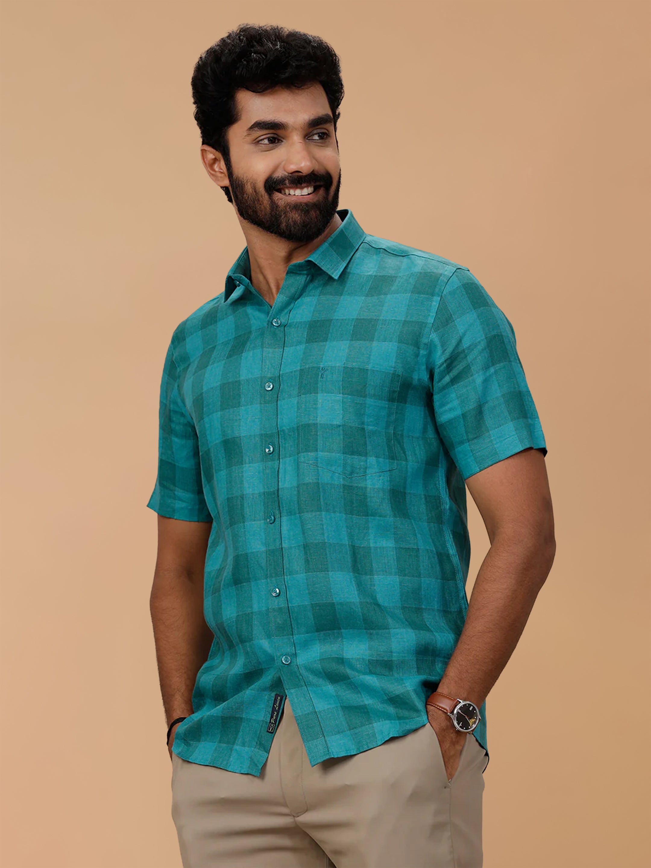 Pure Linen Big Checked Green Smart Fit Shirt LS78