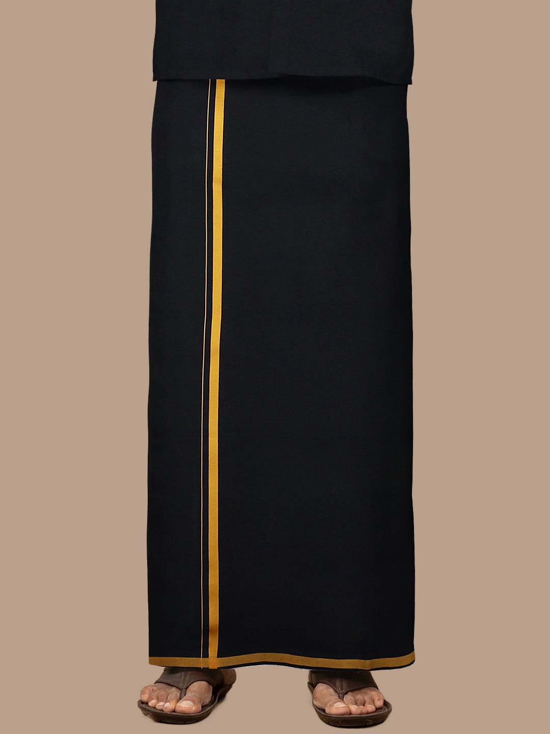 Men Cotton Blend Single Layer Black Dhoti & Towel Set with Yellow Border Poojan