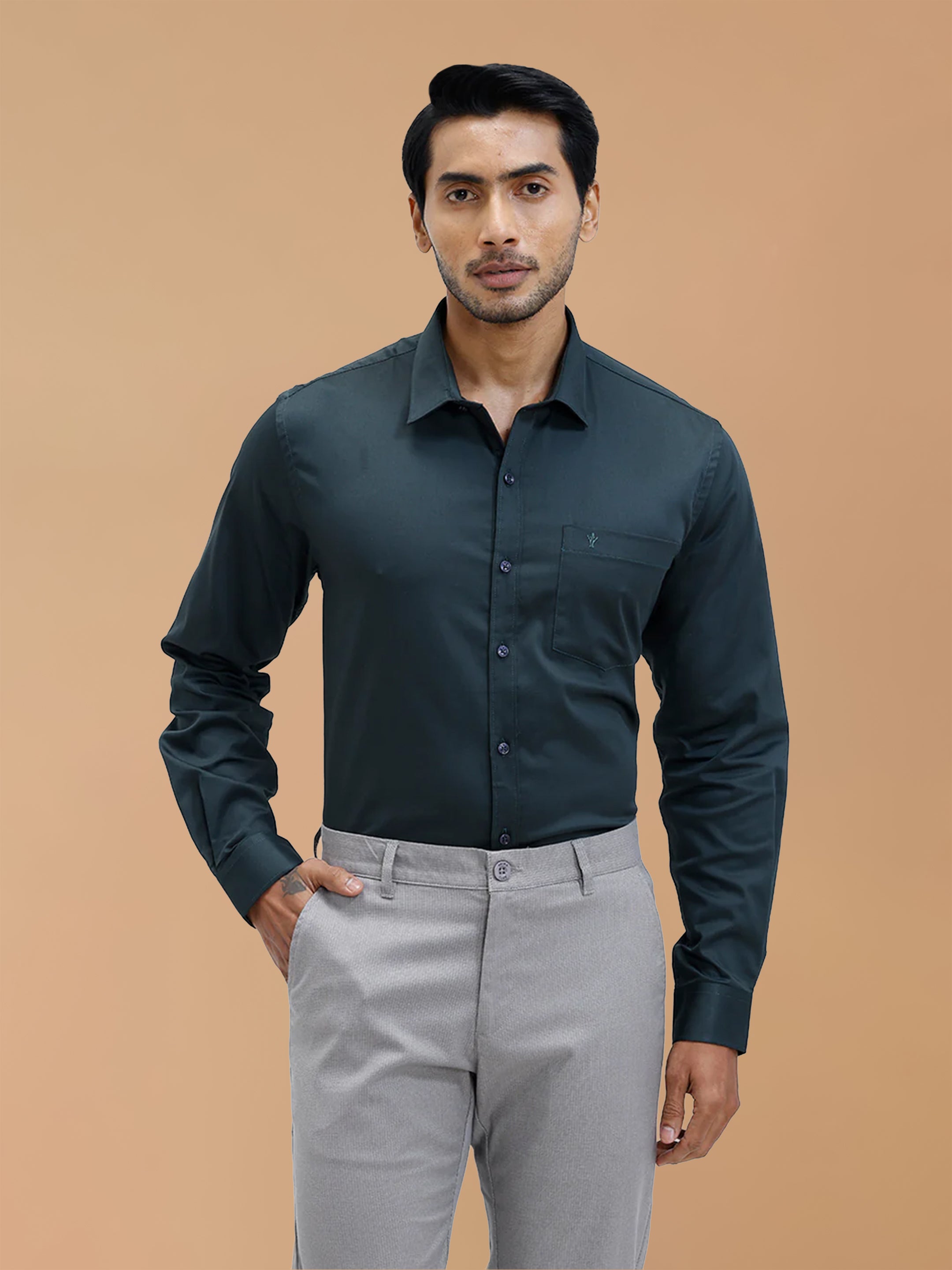 Cotton Rich Dark Green Regular Fit Shirt T53 ACT2