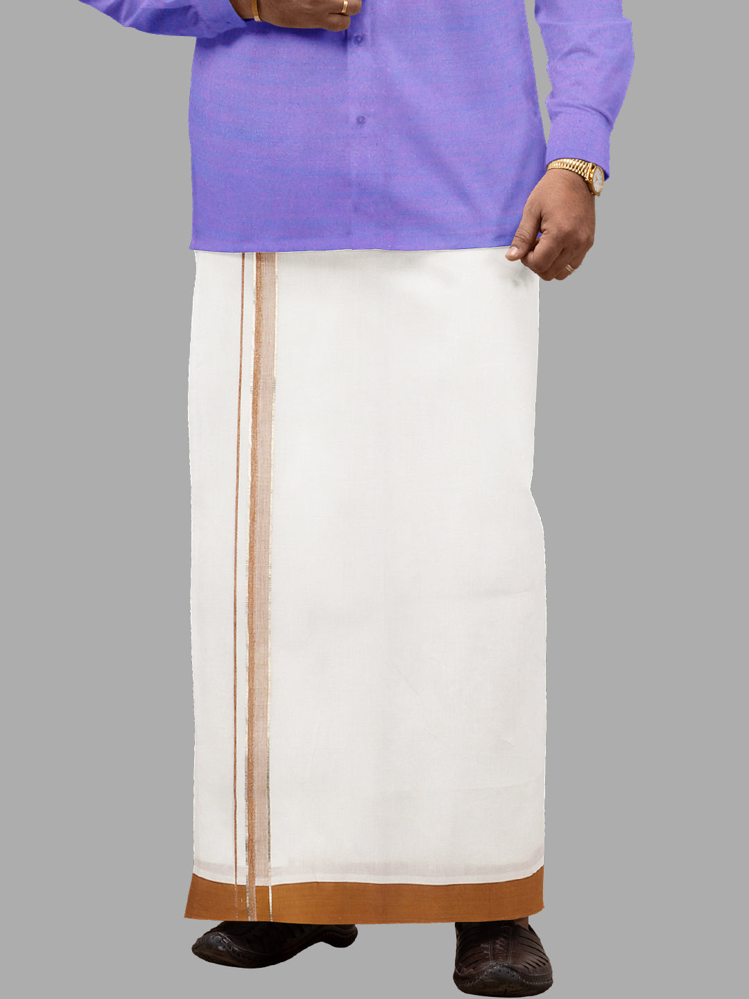 Men White with Brown Fancy Jari Border Single Layer Dhoti HJF03