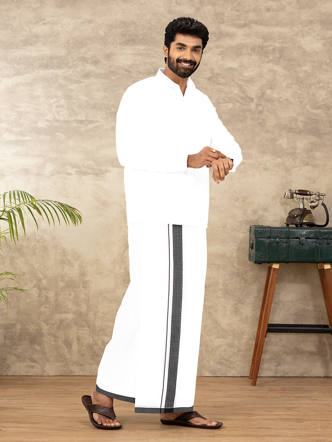 Men Cotton Blend Double Layer White Dhoti with Fancy Border TF04