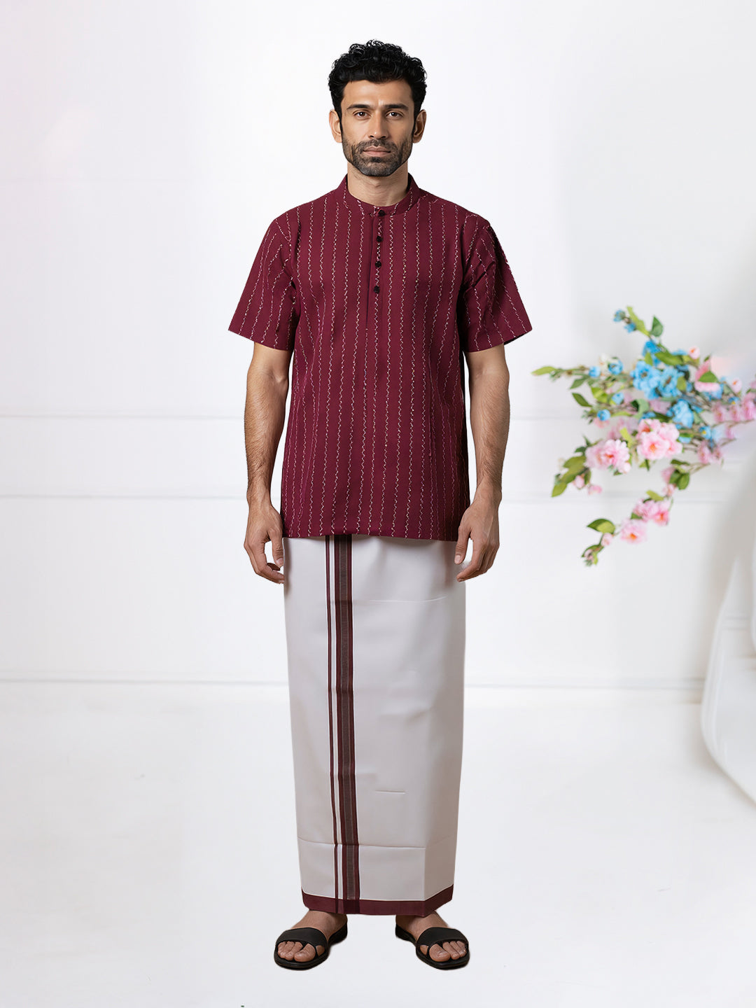 Men Plum Red Short Length Kurta with Matching Border Dhoti Set PC34