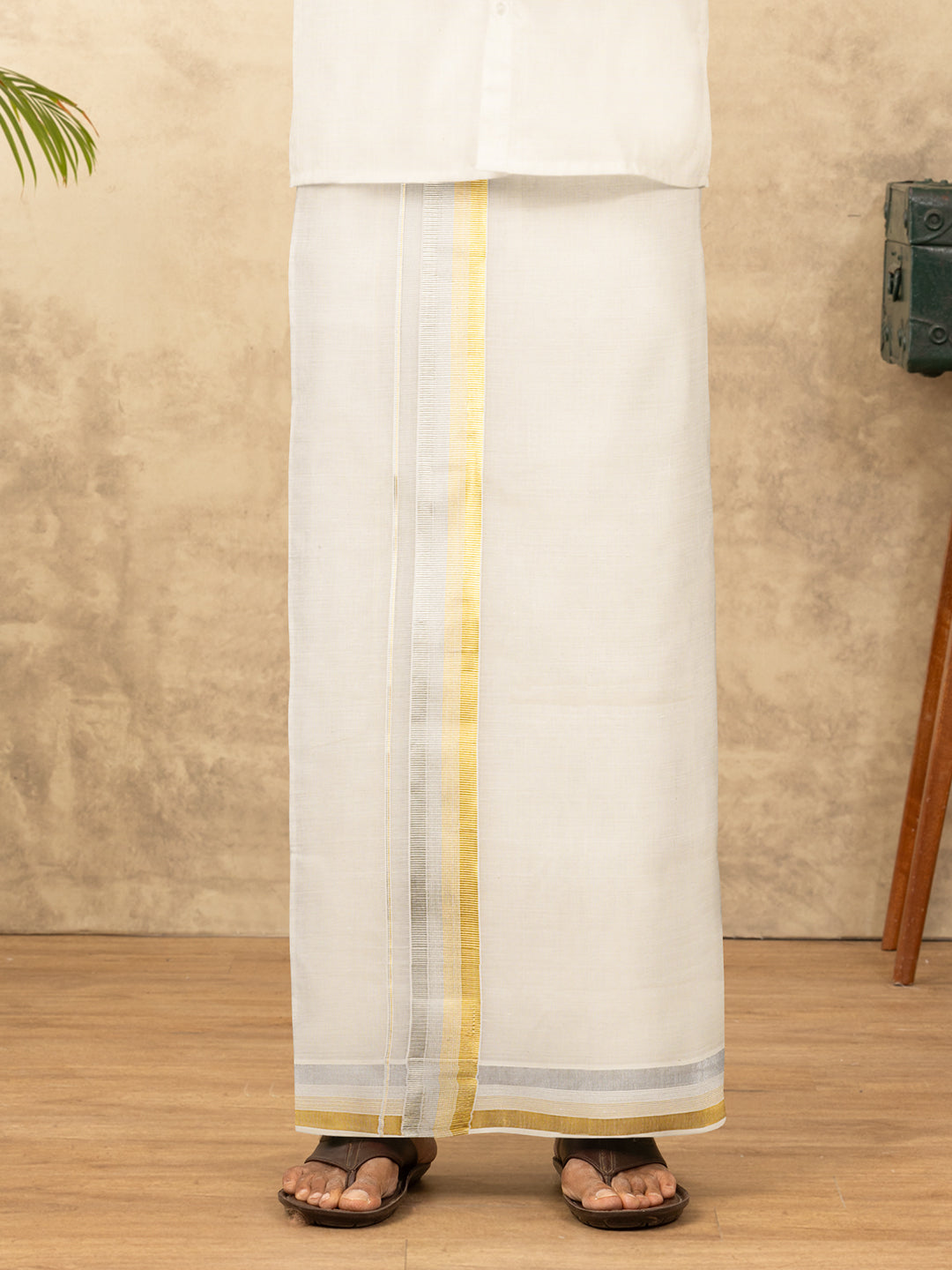 Men Kora Cotton Double Layer Dhoti with Fancy Jari Border Gold Crown