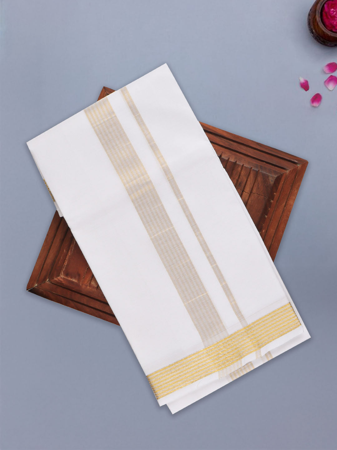 Men Premium Single Layer White Dhoti with Gold Jari Border Majesty