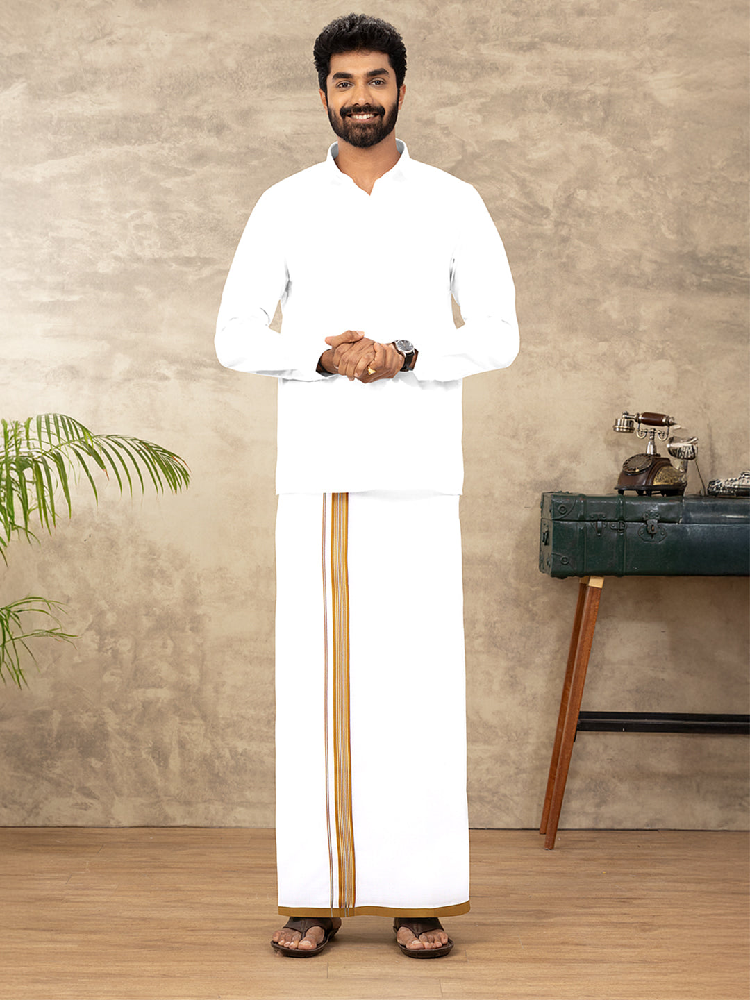 Men Cotton Blend Single Layer White Dhoti with Fancy Jari Border WSF05