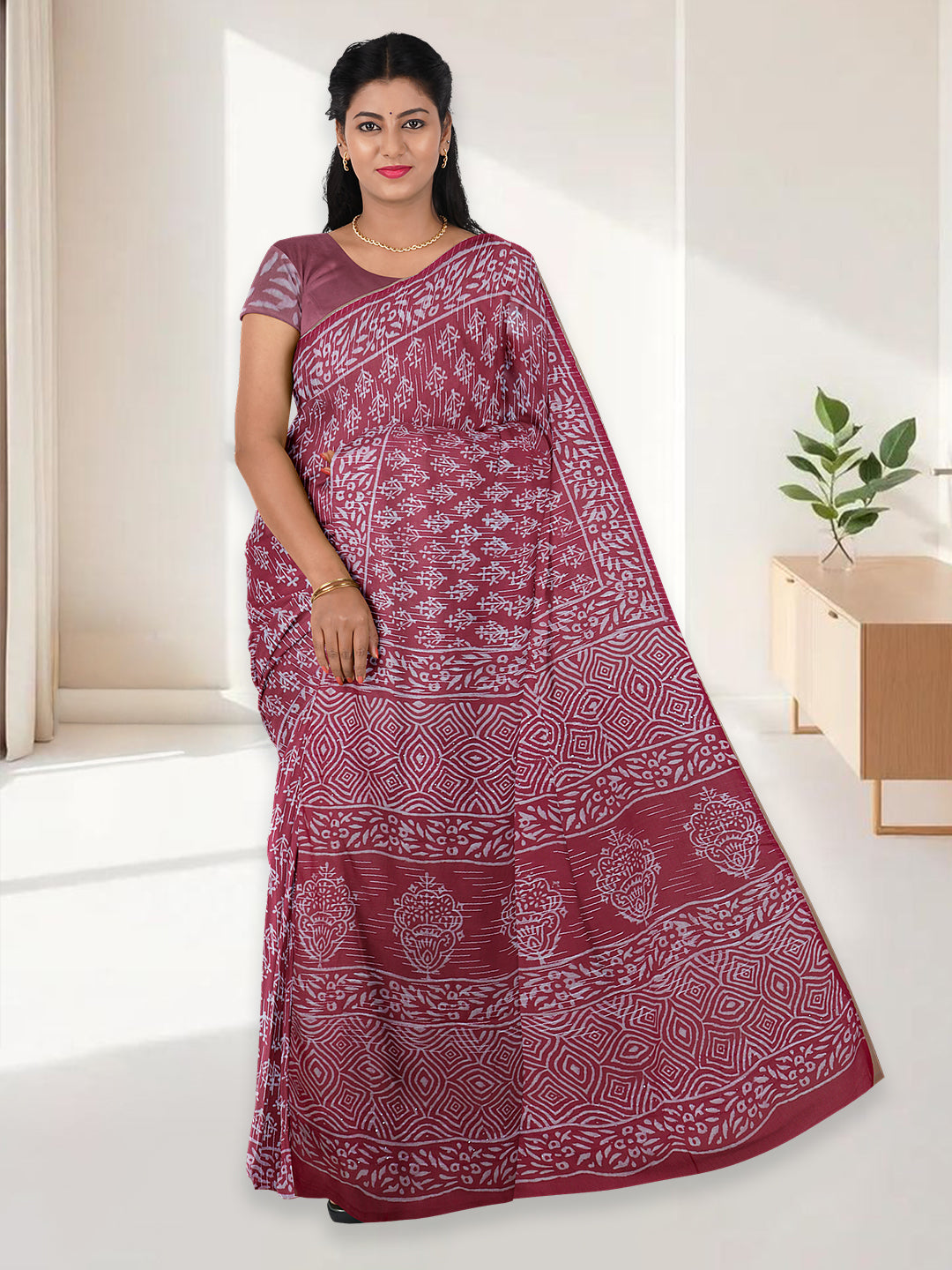 Women Cherry Red Pure Cotton Saree PCS198