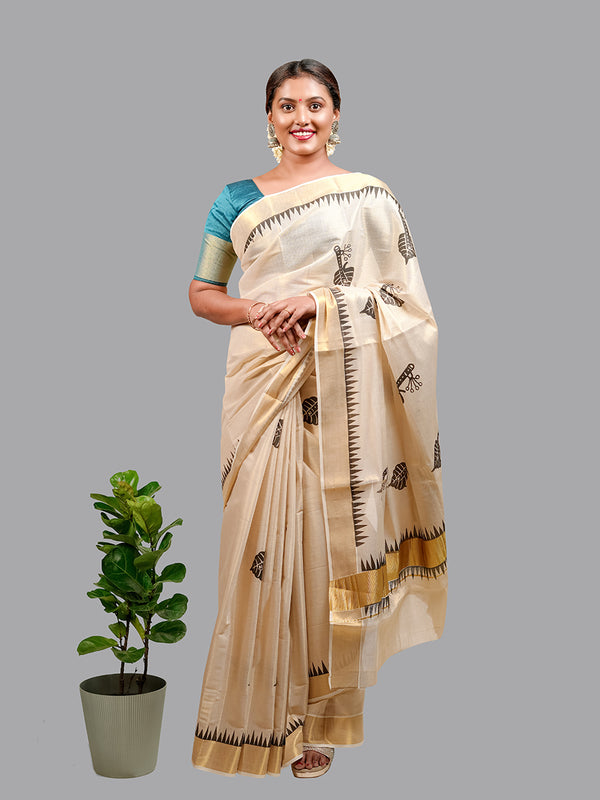 Womens Kerala Tissue Leaf with Flute Printed Gold Jari & Black Border Saree OKS17