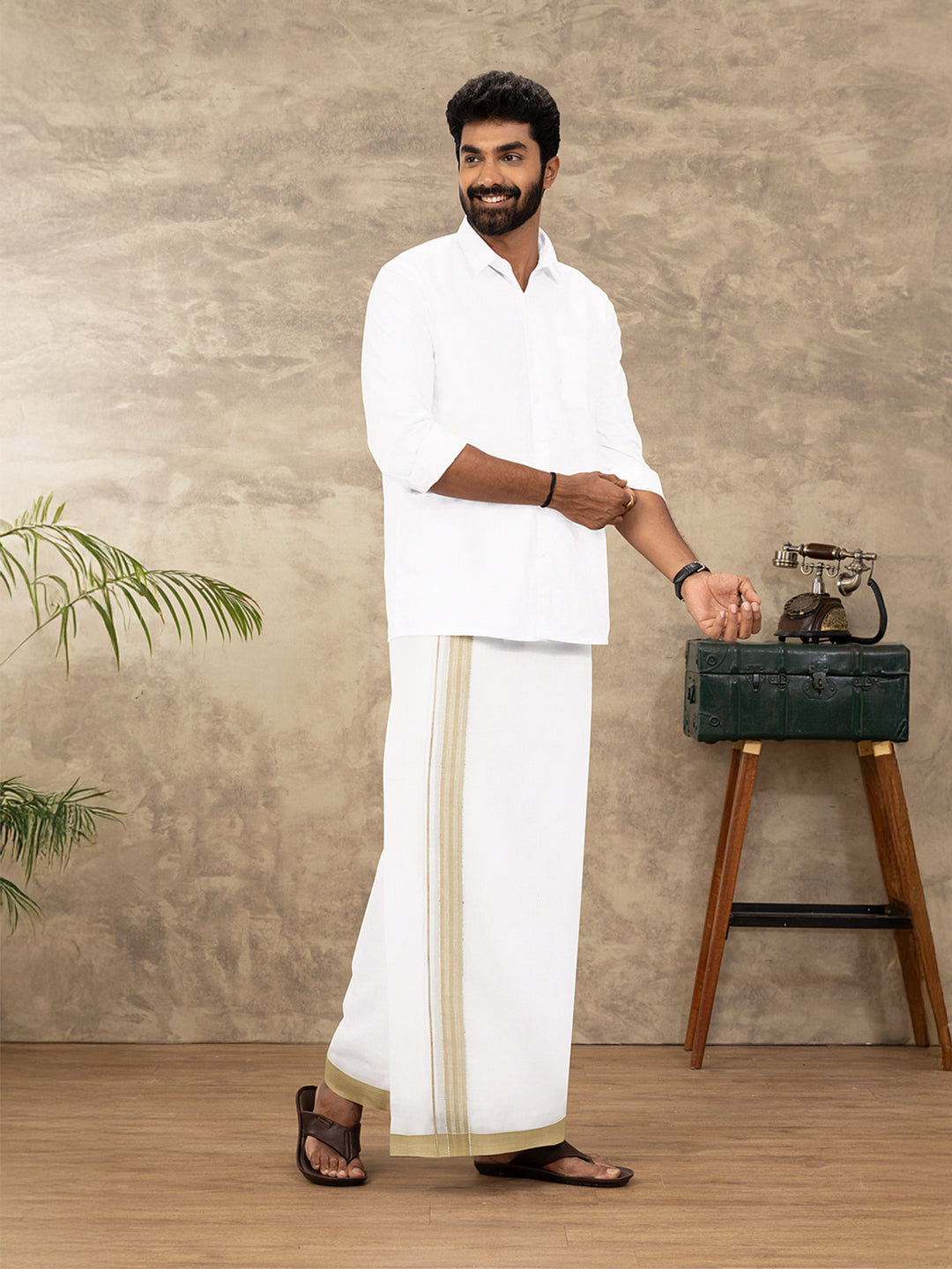 Men 100% Cotton Double Layer White Dhoti with Fancy Jari Border RSF07