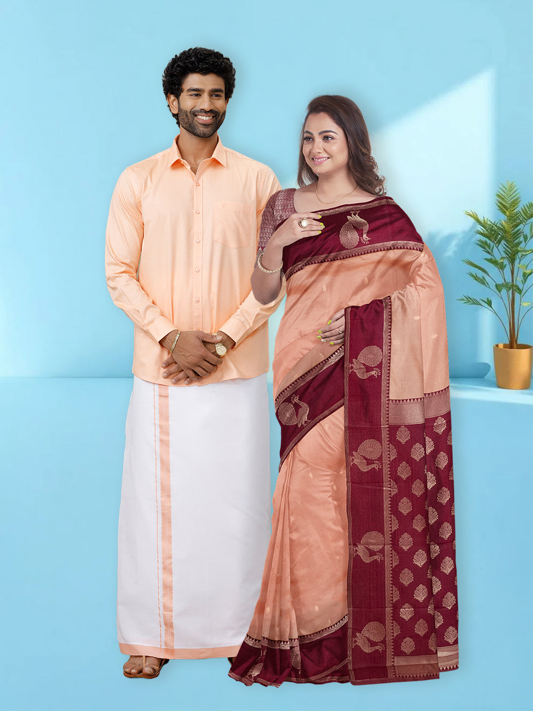 Couple Combo Shirt & Dhoti Set with Saree Peach ASS105