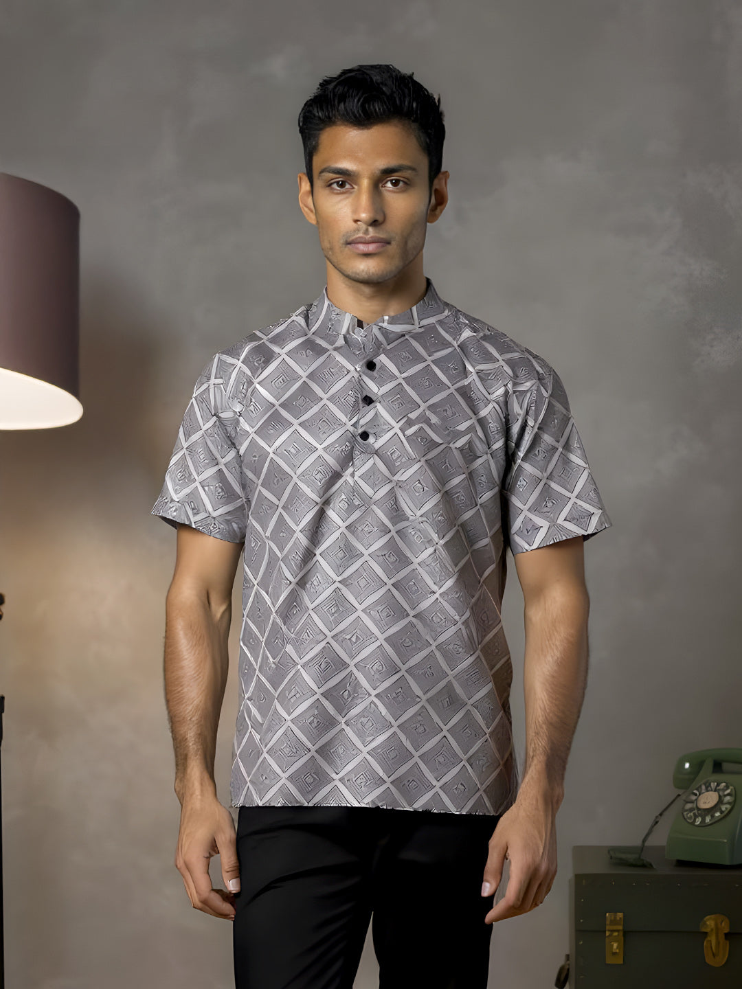 Men Cotton Short Length Printed Pocket Kurta Grey RH10