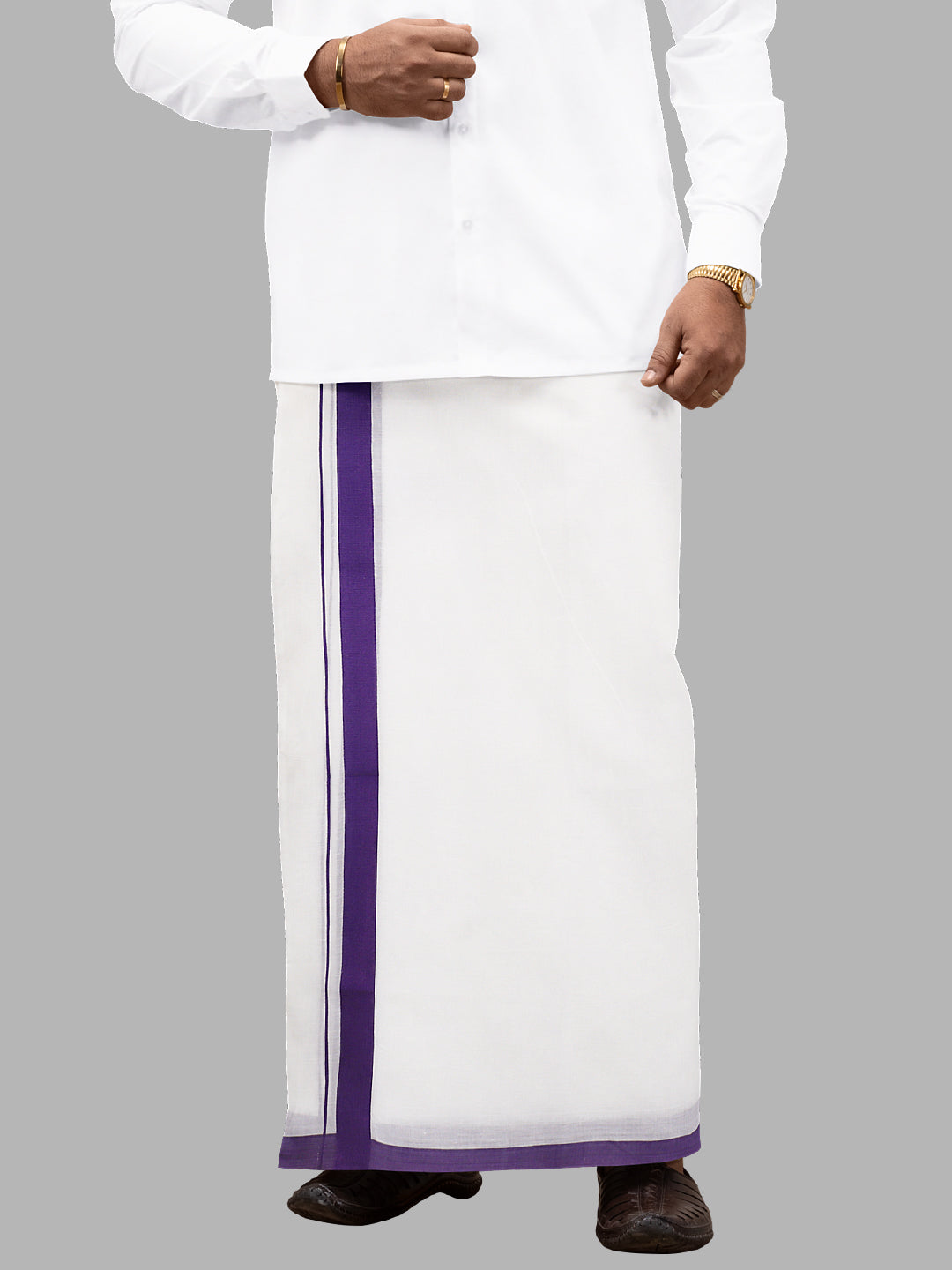 Men Violet Fancy Border Double Layer White Dhoti RS02