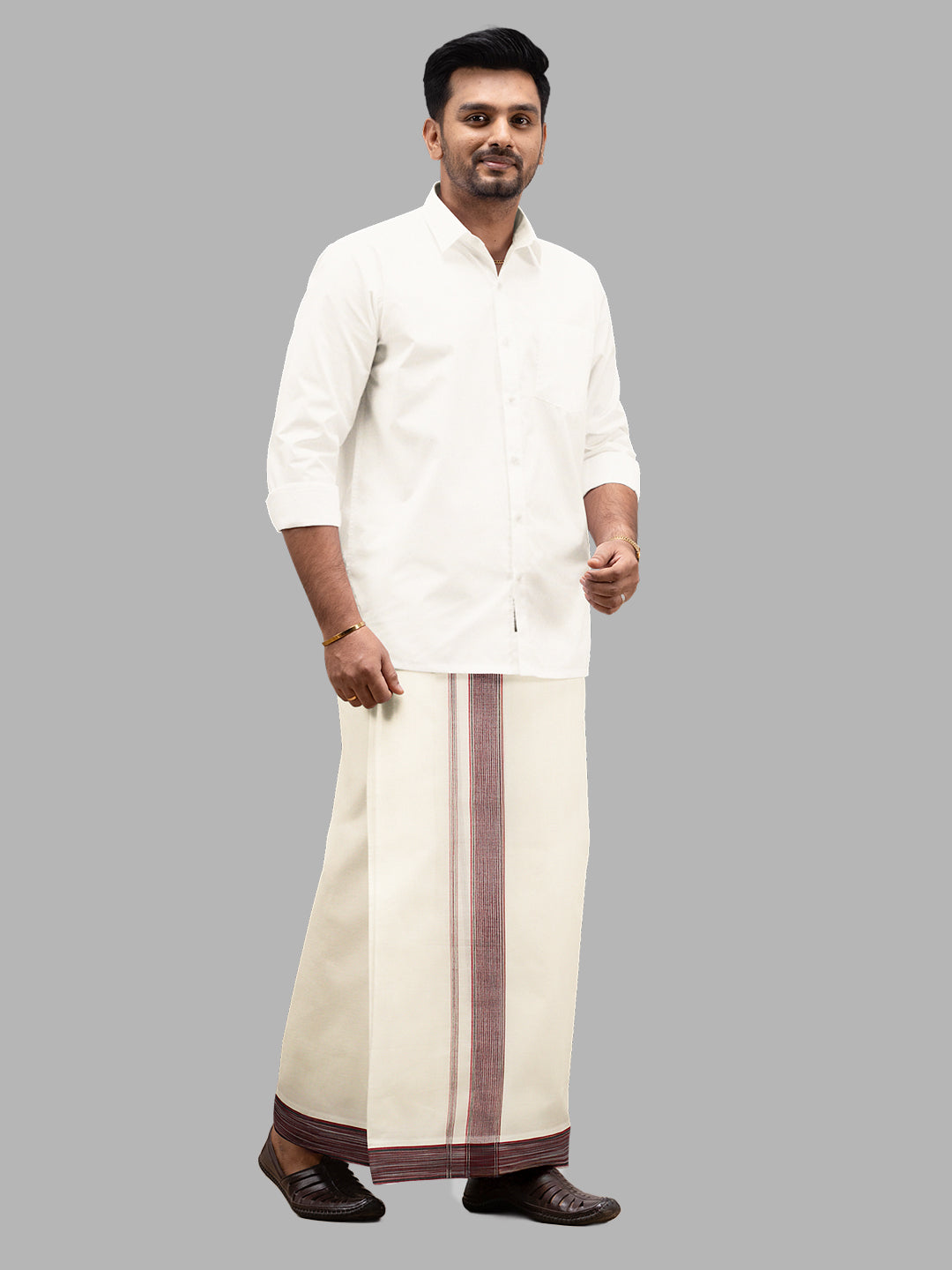 Men Maroon Fancy Jari Border Double Layer Kora Dhoti Harmony HF09