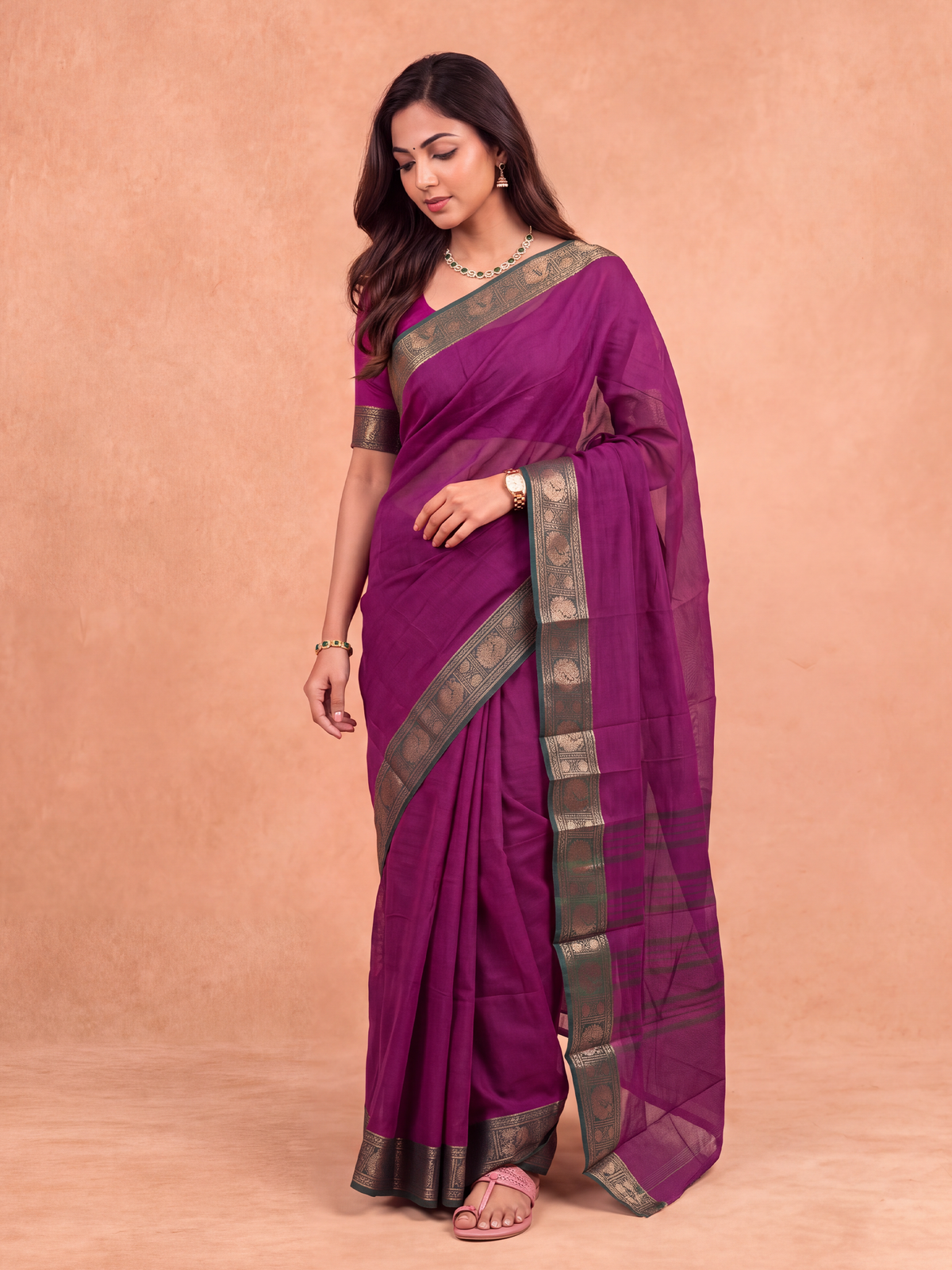 Women Chettinad Cotton Dark Violet Saree CCS23