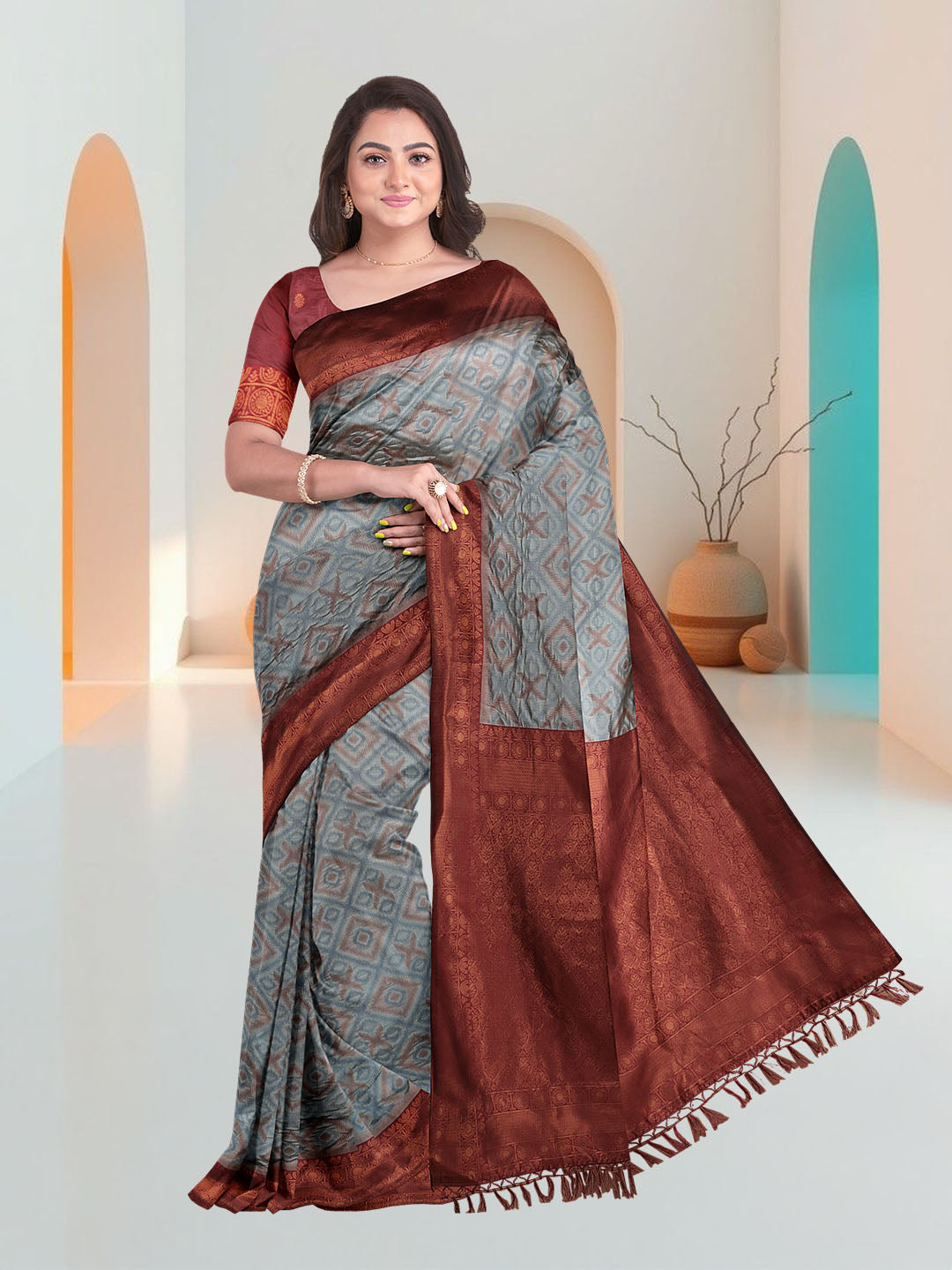 Women Blue Art Silk Printed Saree ASS49