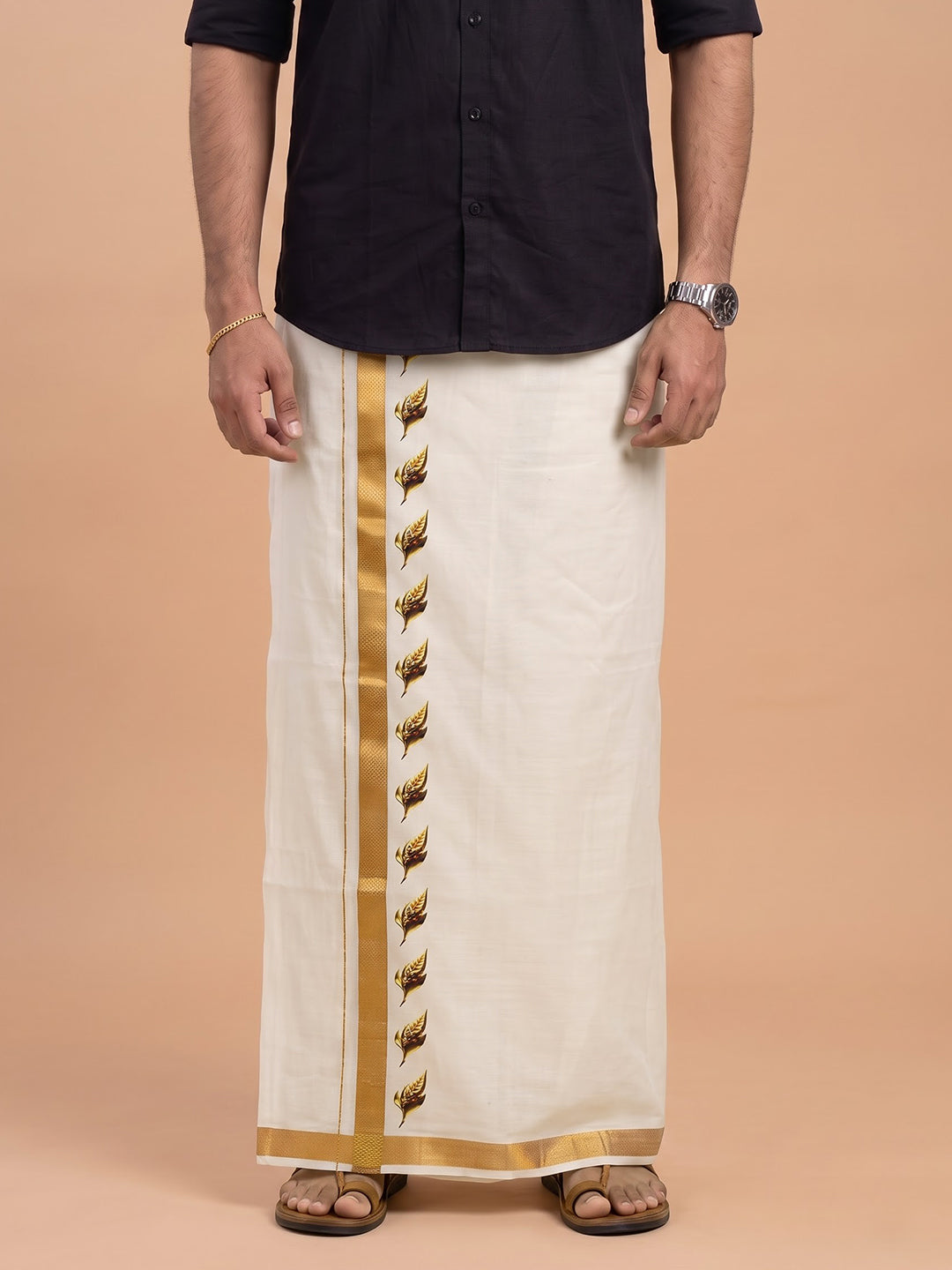 Double Layer Cotton Cream Dhoti with Colour Jari Border - GCC02