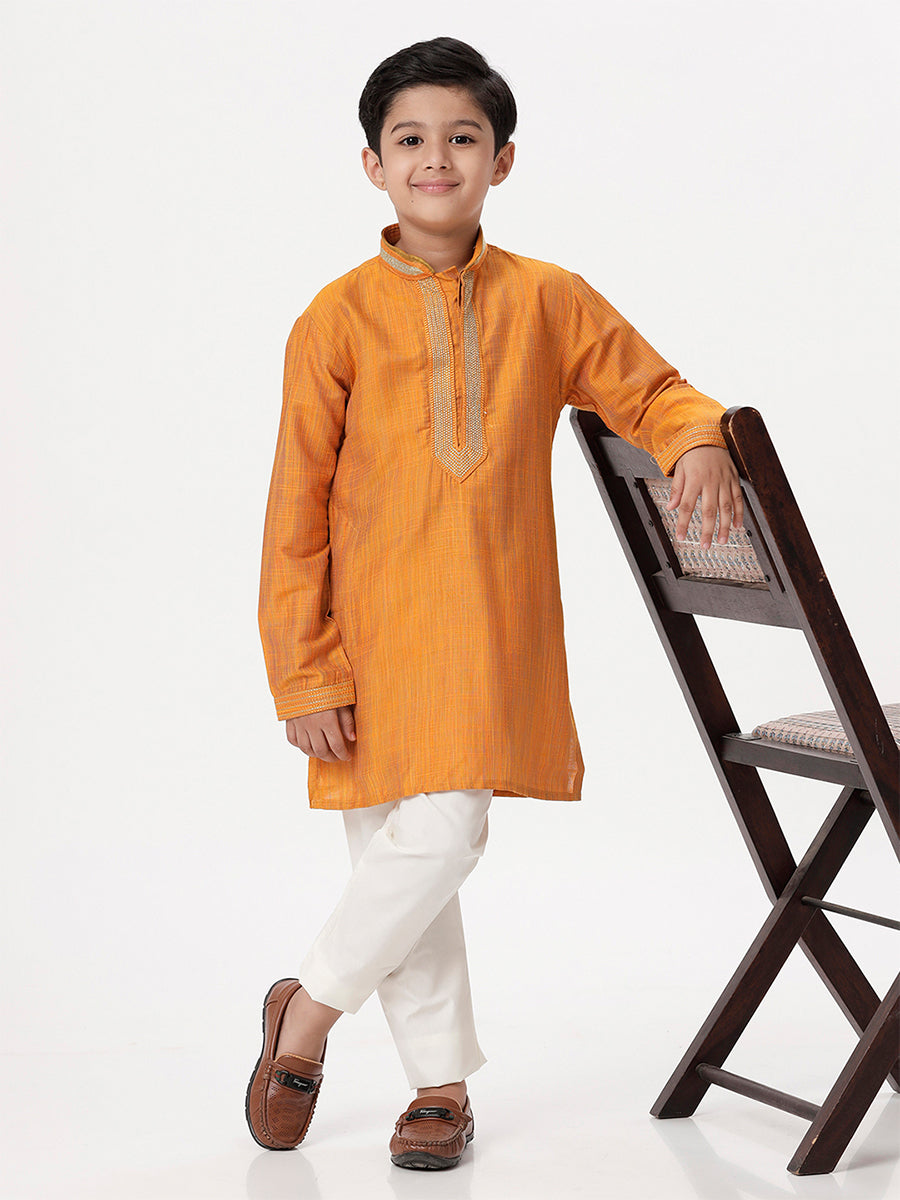 Boys Cotton Embellished Neckline Full Sleeves Orange Kurta-Full view