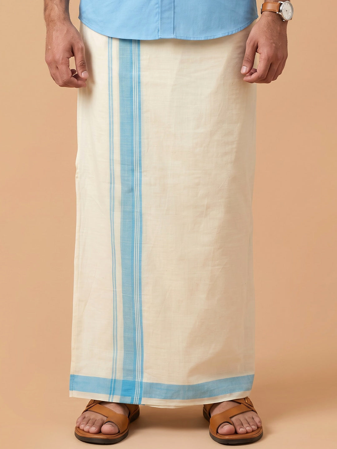 Double Layer 100% Cotton Cream Kora Dhoti with Colour Border - CFD02