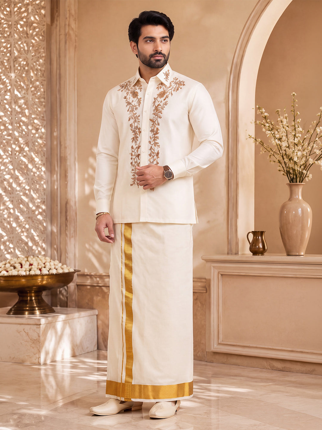 Premium Pure Silk Hand Embroidered Customized Shirt & Dhoti Set with Double Sided Leaf Vine Jari Work | Astra Varman