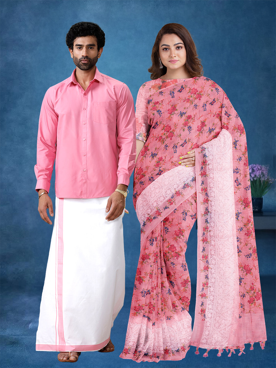 Couple Combo Shirt & Dhoti Set with Saree Pink SL211