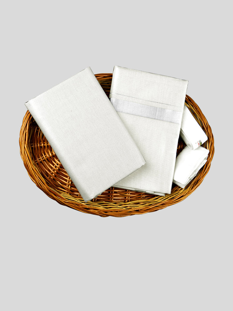 Tissue Silver Jari Shirting with Dhoti Set & Saree Couple Combo SCC05