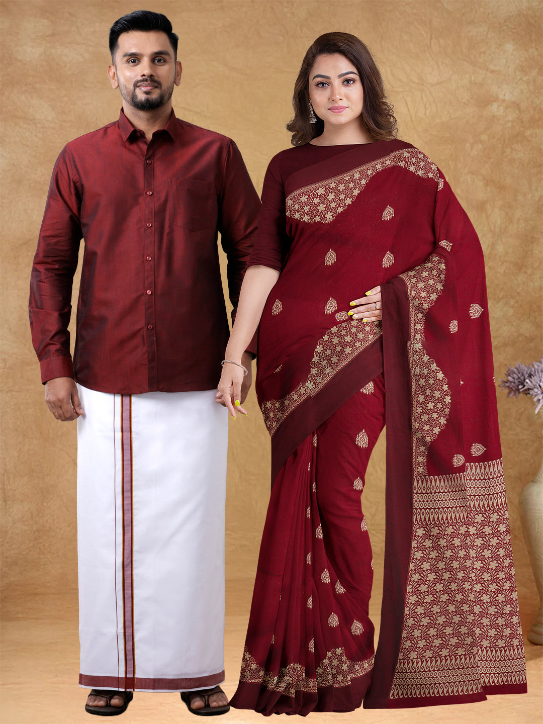 Couple Combo Shirt & Dhoti Set with Saree Maroon PCS172