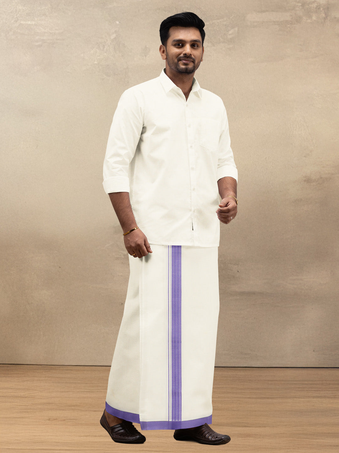 Men Kora Cotton Double Layer Dhoti with Purple Fancy Border VKF15