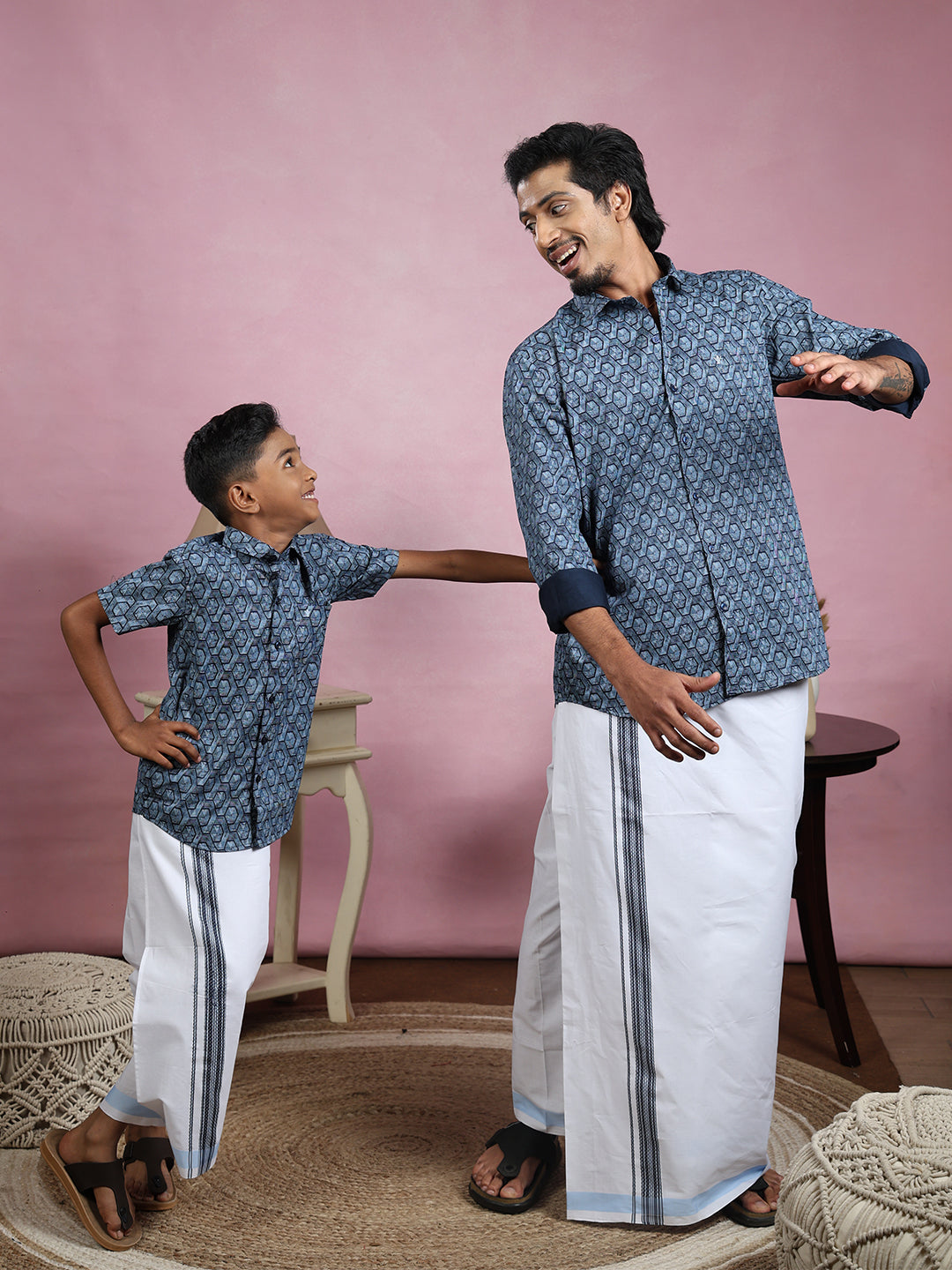 Like Father Like Son Matching Border Dhoti with Printed Shirt Combo Set Navy Blue PS25