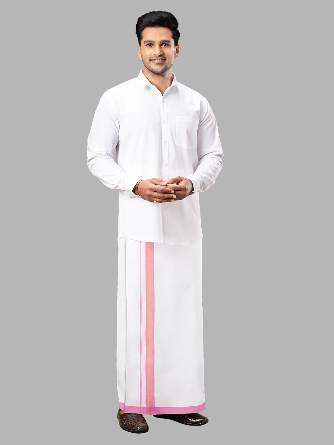 Men Pink Adjustable Pocket Dhoti with Fancy Border GACJ08