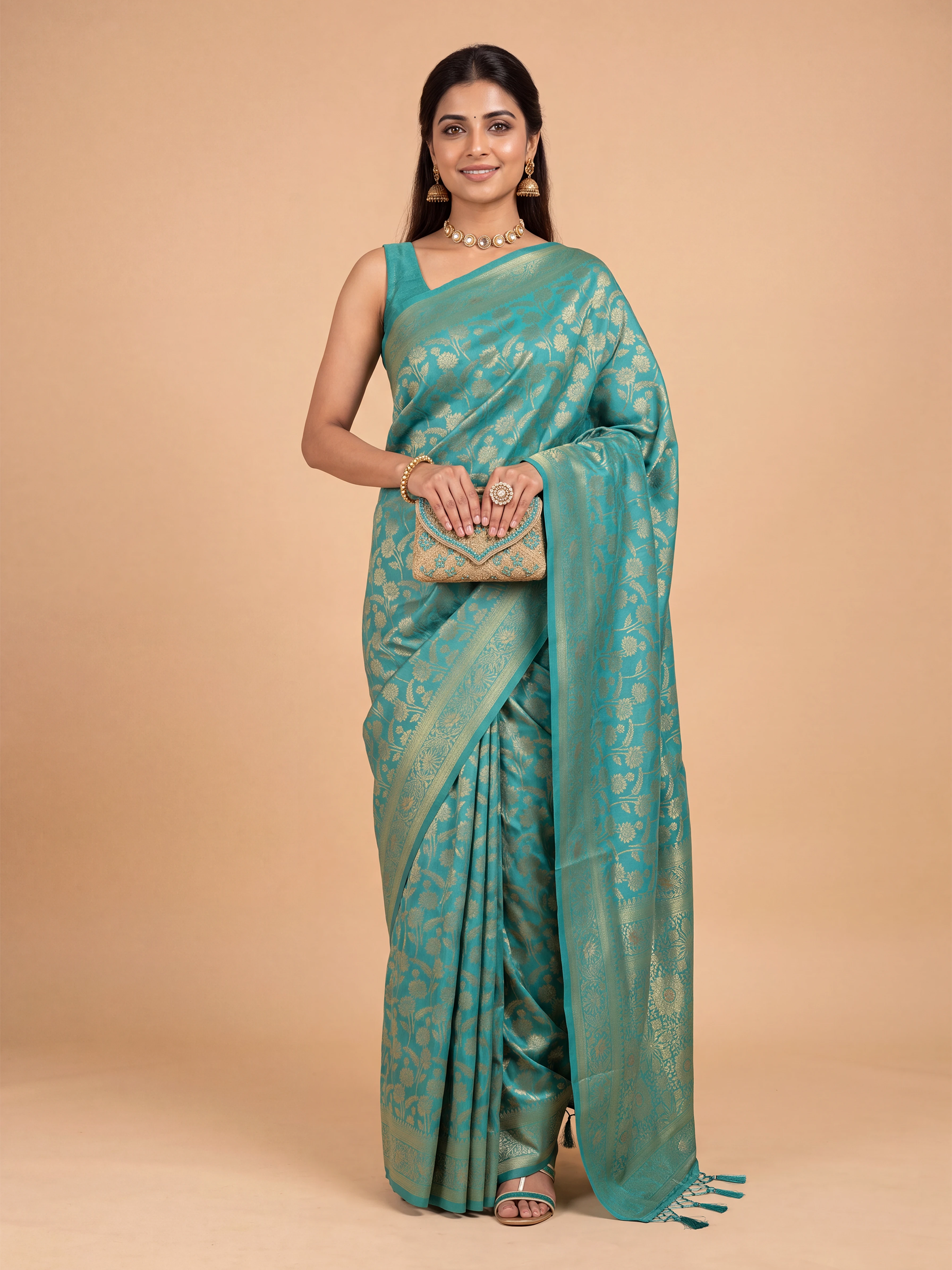 Women Semi Tussar Aqua Green Saree ST355