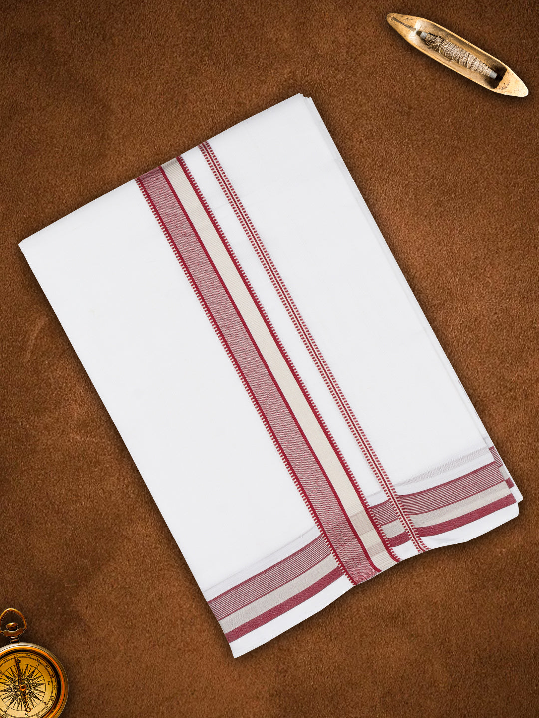 Men Premium Handloom Dhoti Maroon With Silver Fancy Border