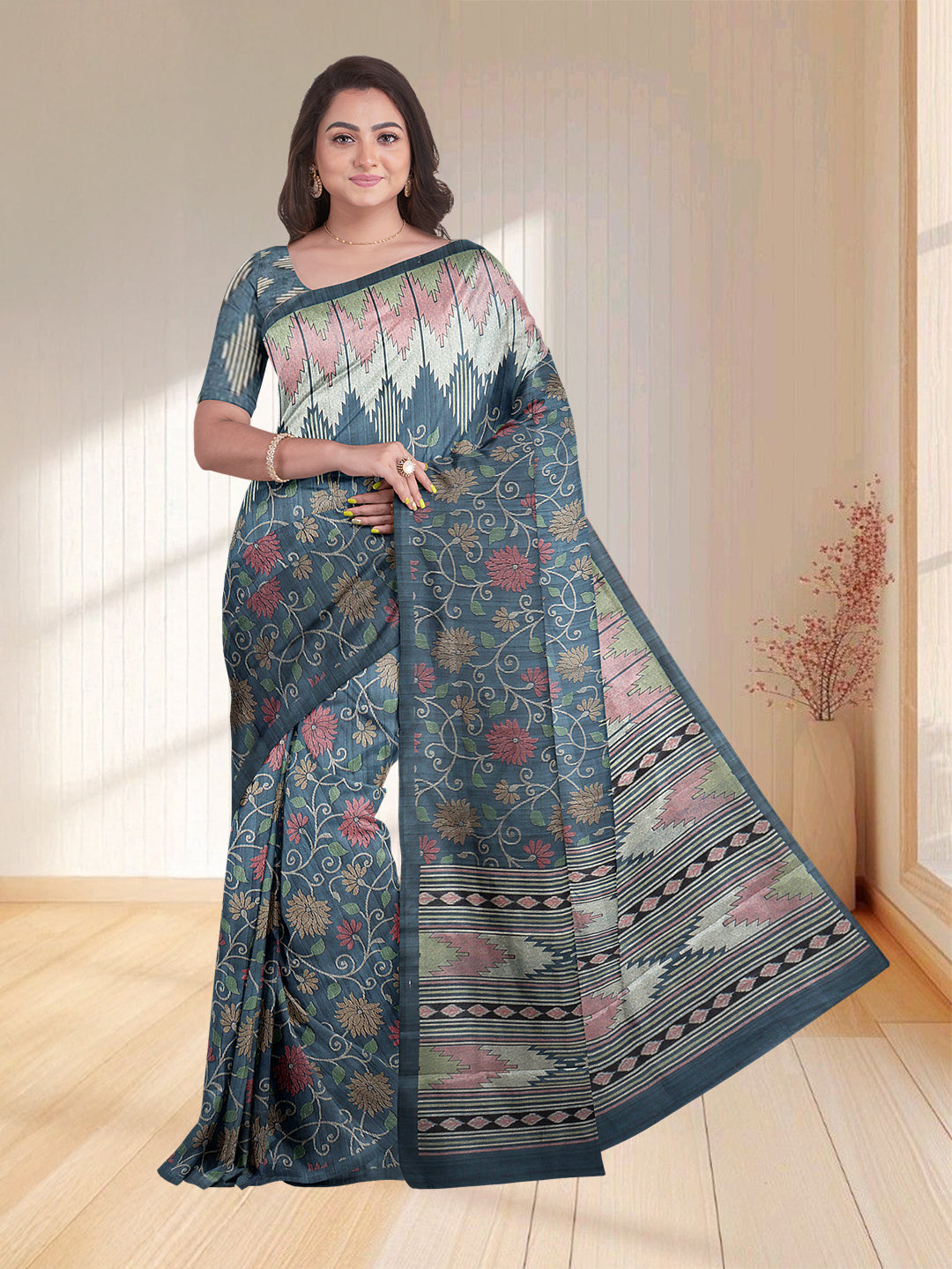 Women Blue Semi Tussar Printed Saree ST251