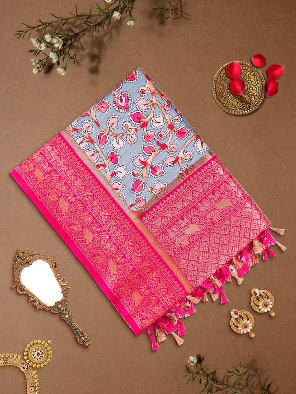 Women Pink & Grey Floral Printed Dola Silk Saree DSP02