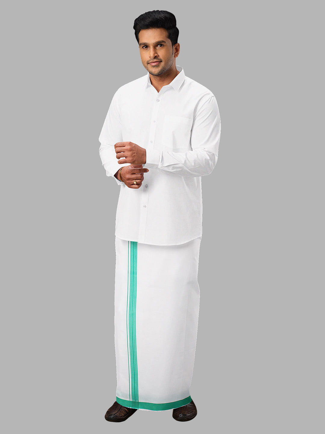 Men Green Fancy Border Single Layer Adjustable Pocket Dhoti GACF11