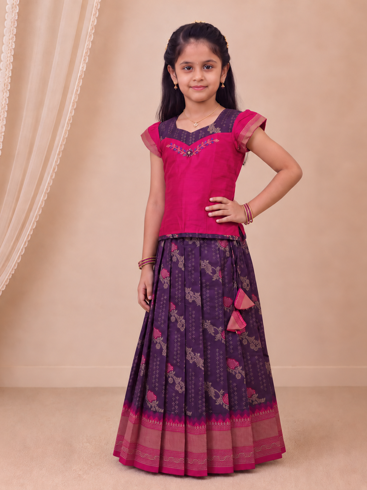 Girls Art Silk Pink with Dark Purple Pattu Pavadai Set GPS75