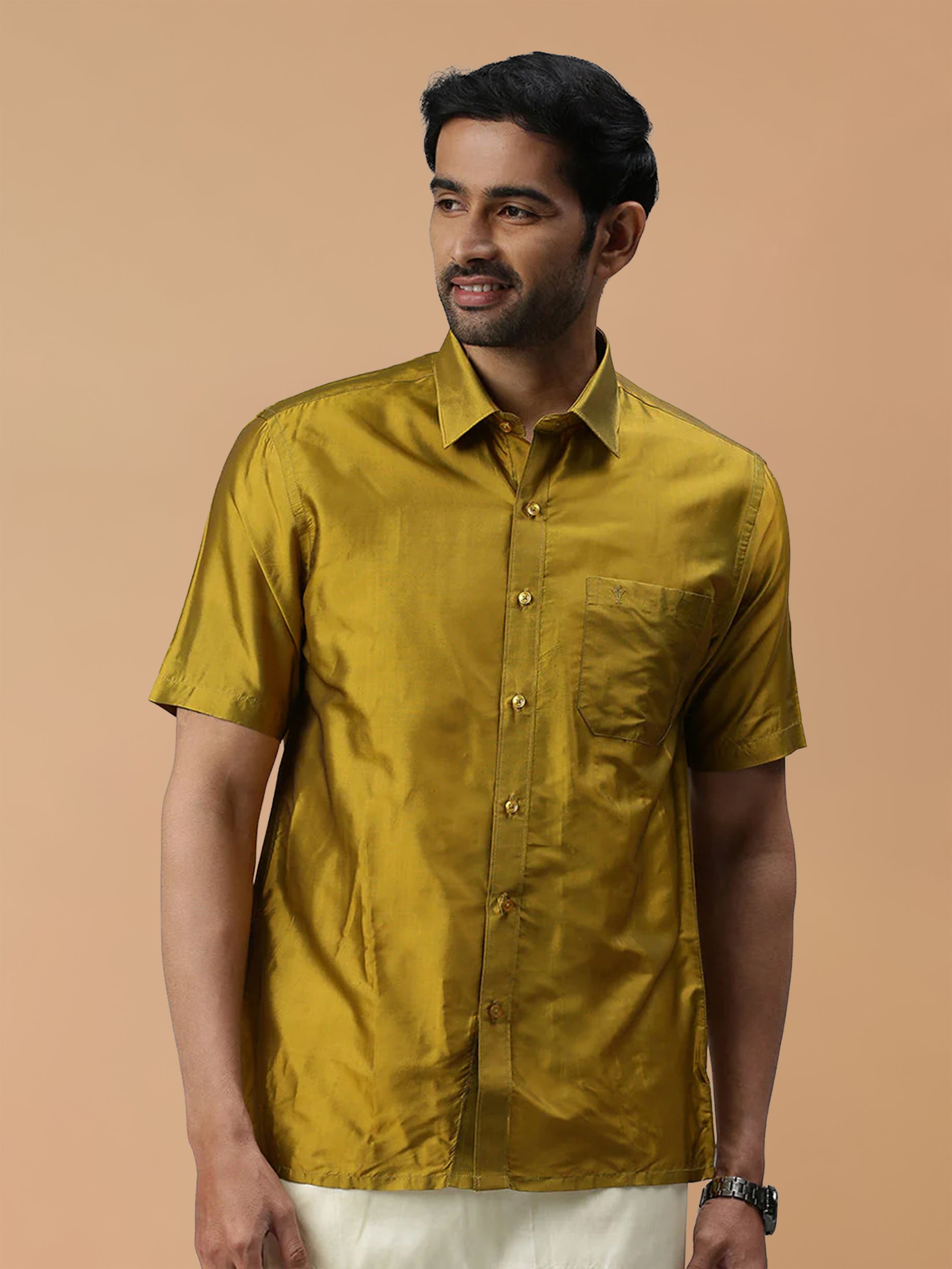 Silk Feel Olive Green Shirt - Regular Fit