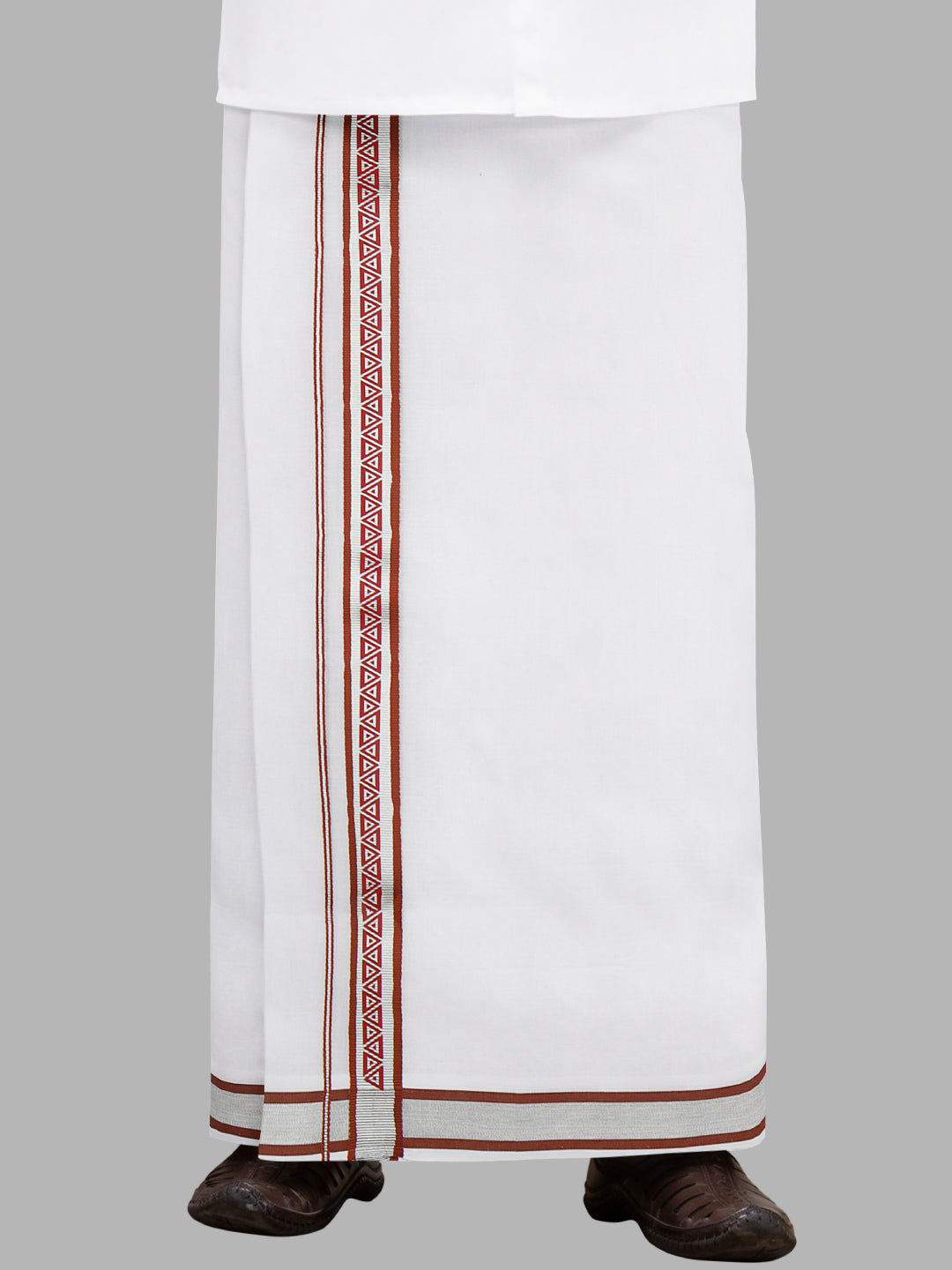 Men Red Fancy Jari Border White Double Layer Dhoti