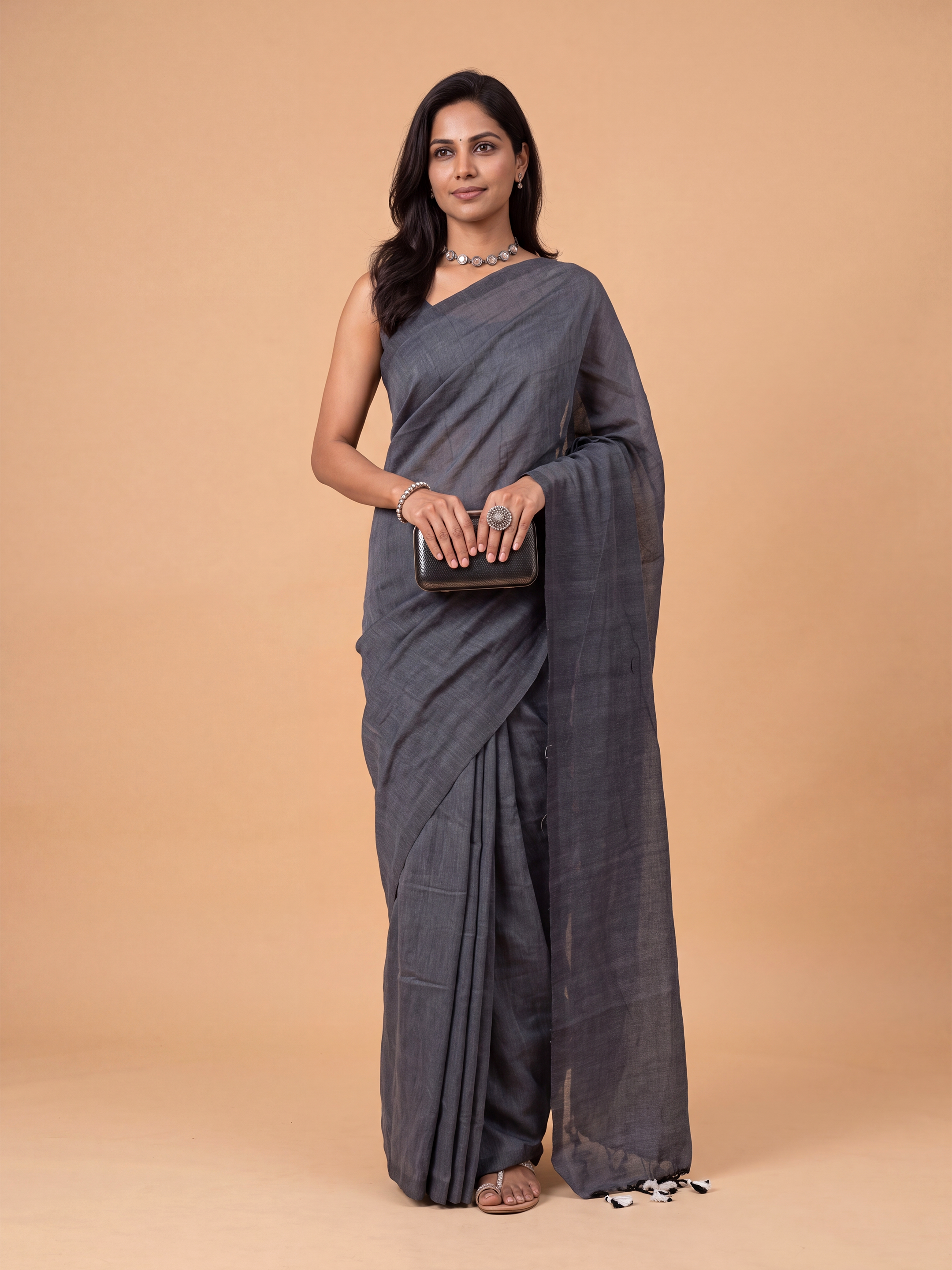 Women Pure Cotton Greyish Blue Saree PCS289
