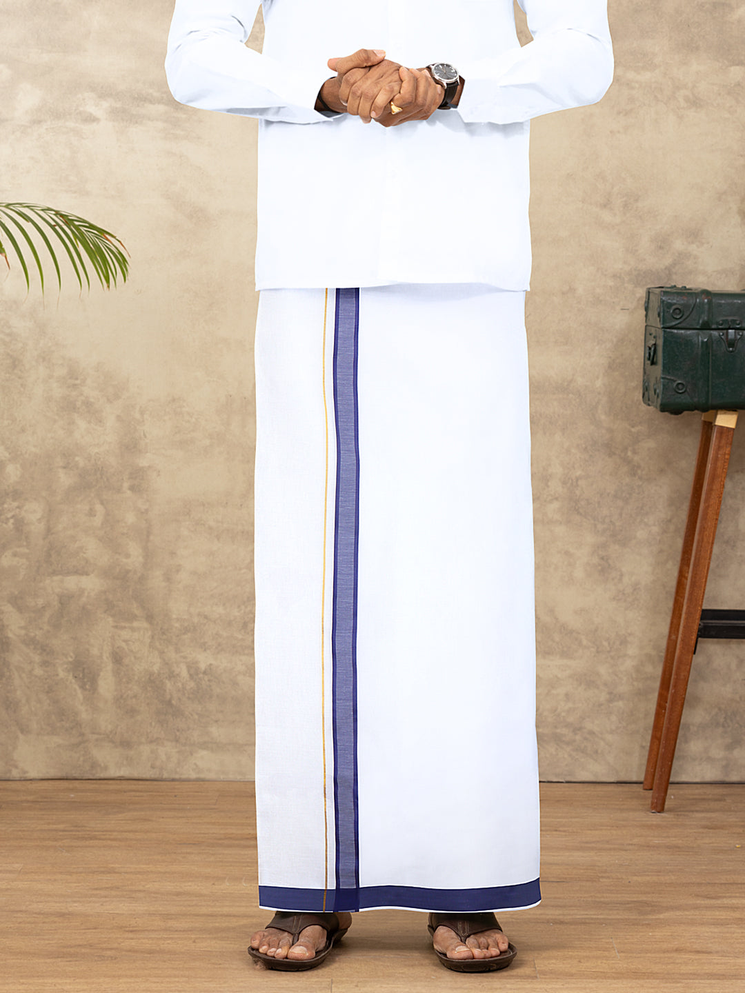 Men Cotton Blend Readymade Double Layer White Dhoti with Fancy Jari Border GFDA06
