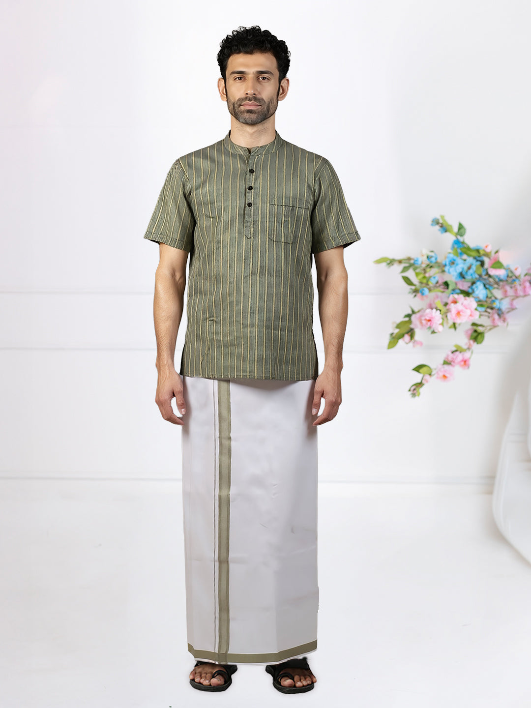 Men Greenish Blue Short Length Kurta with Matching Border Dhoti Set RH03