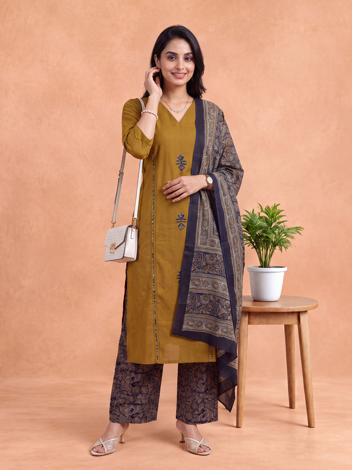 Women Floral Printed Mustard Kurti Set EKS156