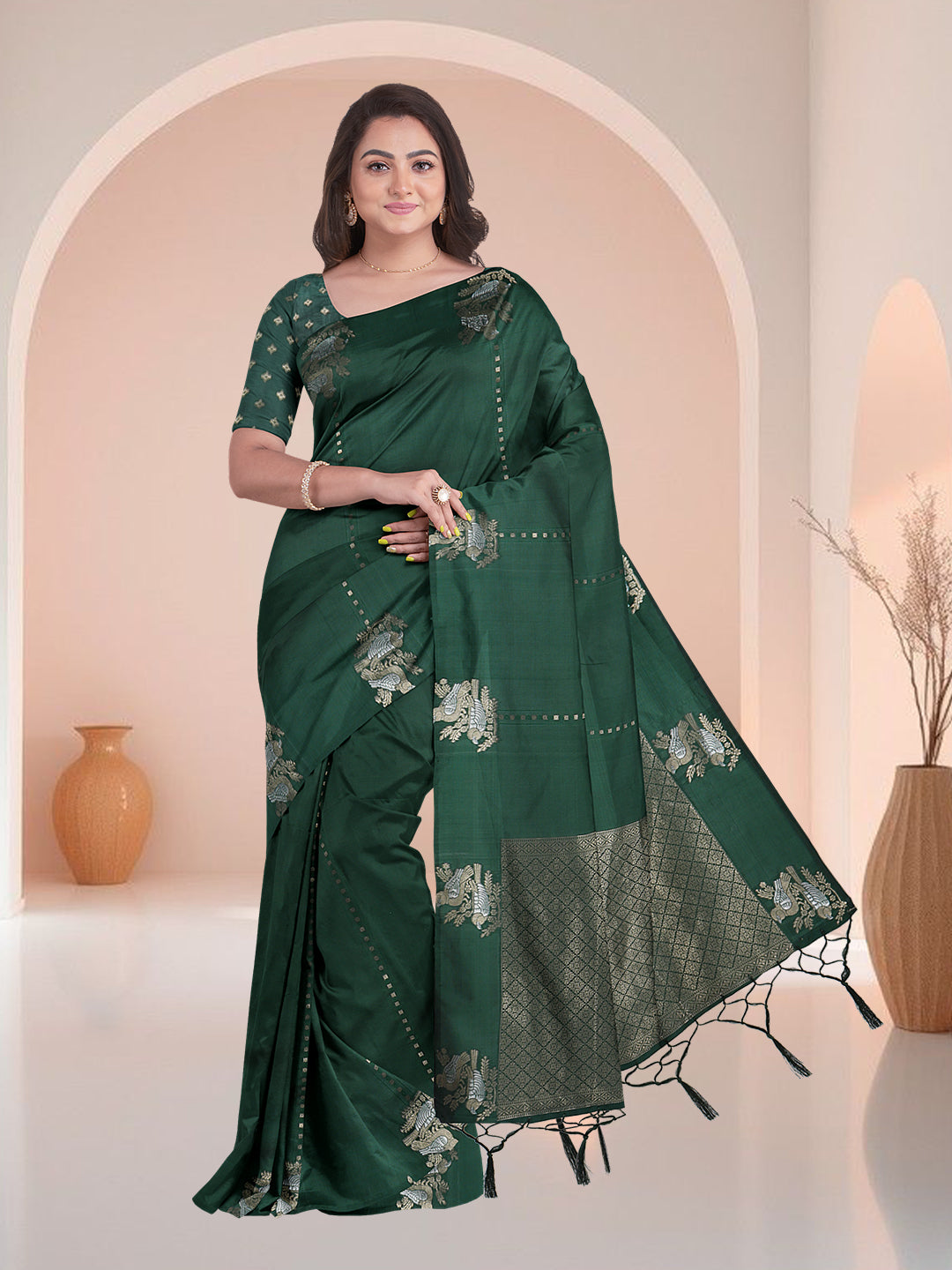 Women Dark Green Semi Silk Saree SS360