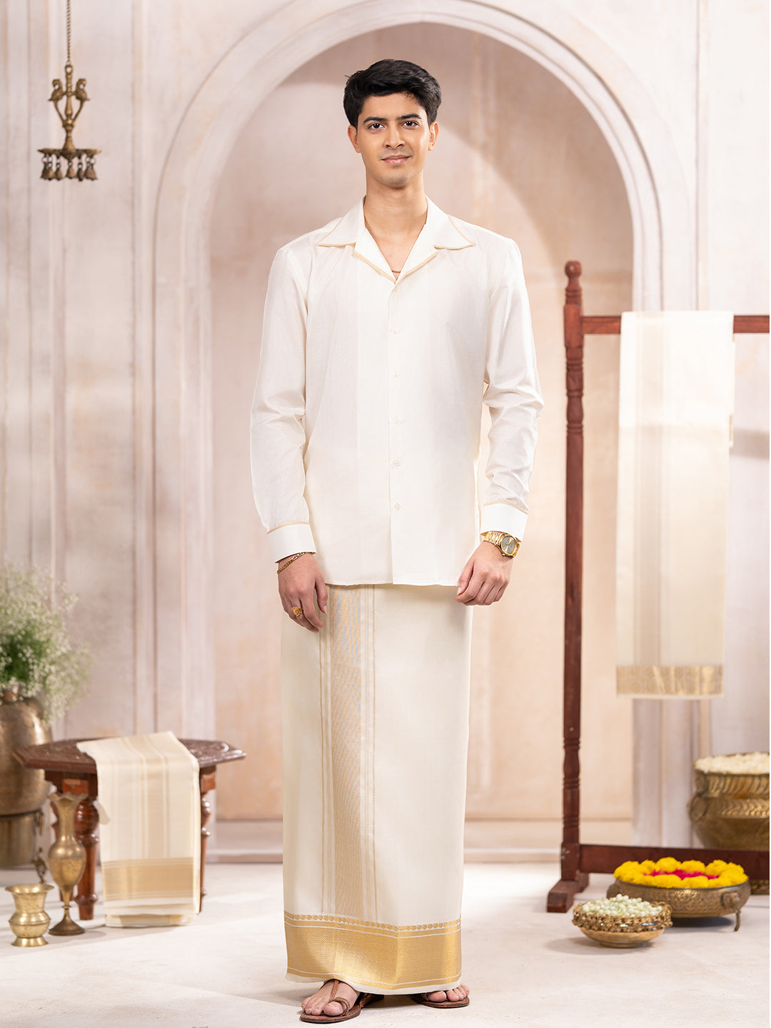 Pure Silk Cream Dhoti with 5" Gold Jari Border - Kalasam