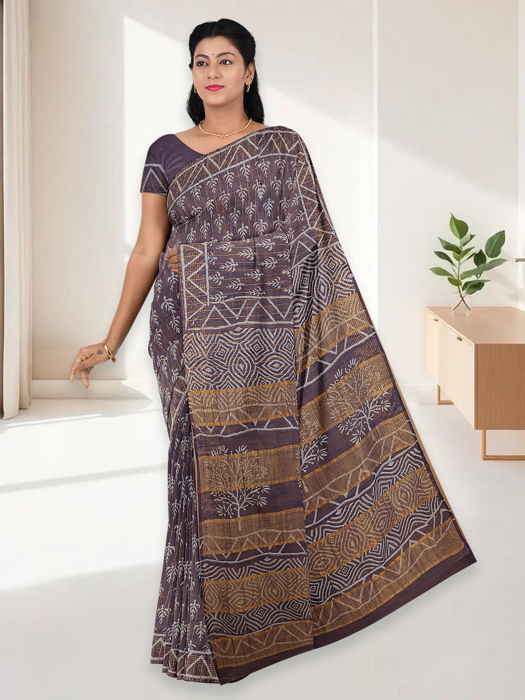 Women Violet Semi Linen Saree SL229