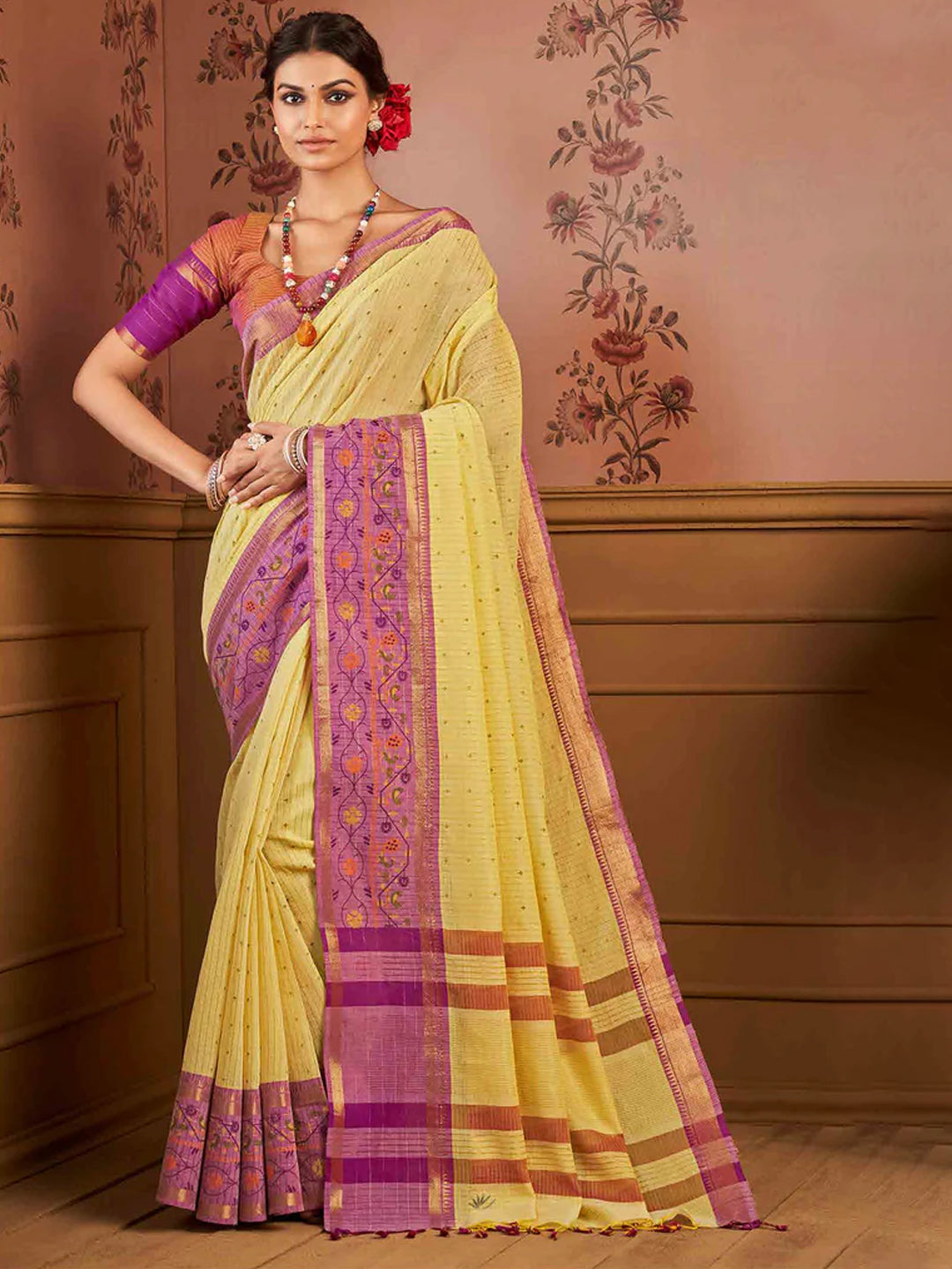 Womens Elegant Semi Cotton Yellow With Purple Colour All over Printed Saree SCS56