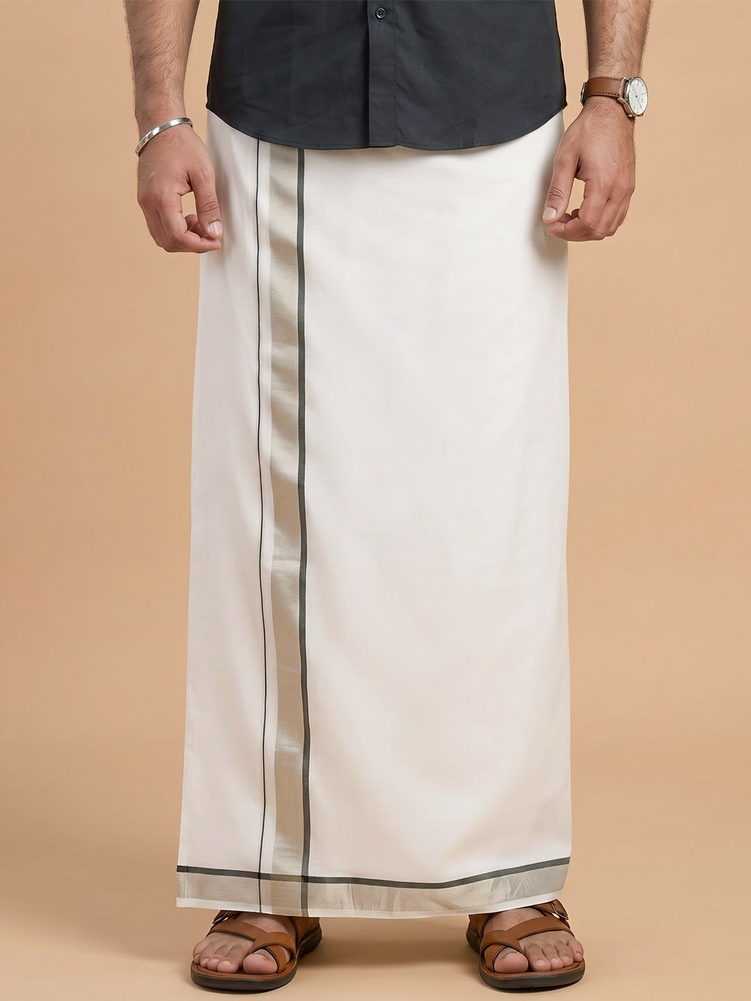 Double Layer 100% Cotton White Dhoti with Colour Jari Border - LC53