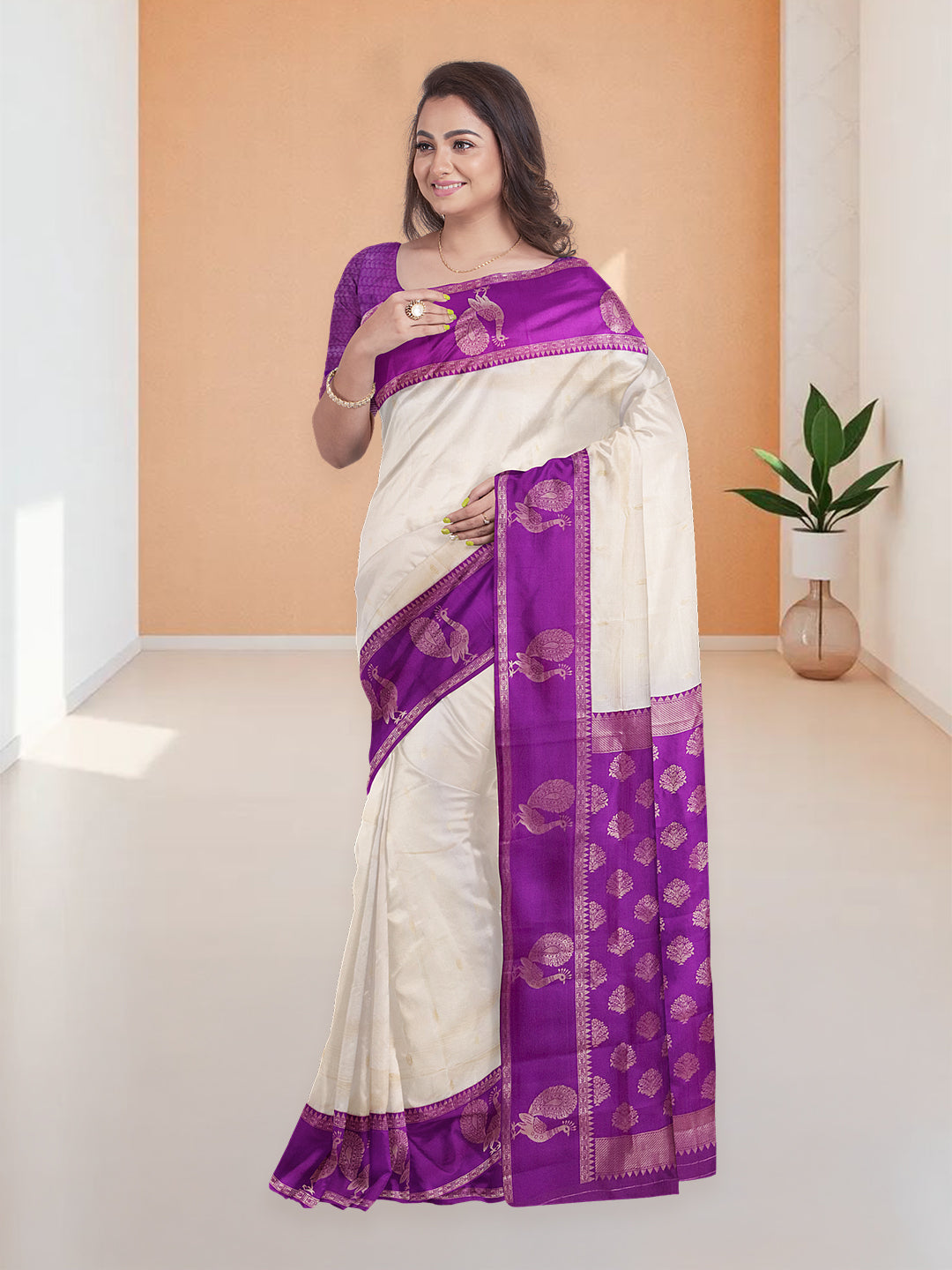 Women Cream with Violet  Art Silk Saree ASS99