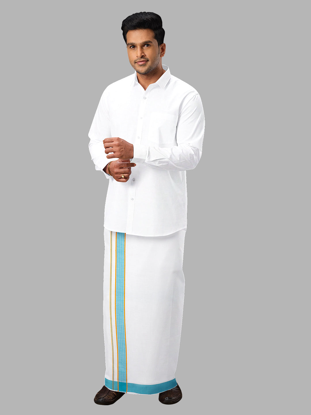 Men Blue Fancy Jari Border Single Layer Adjustable Pocket Dhoti GACJ35