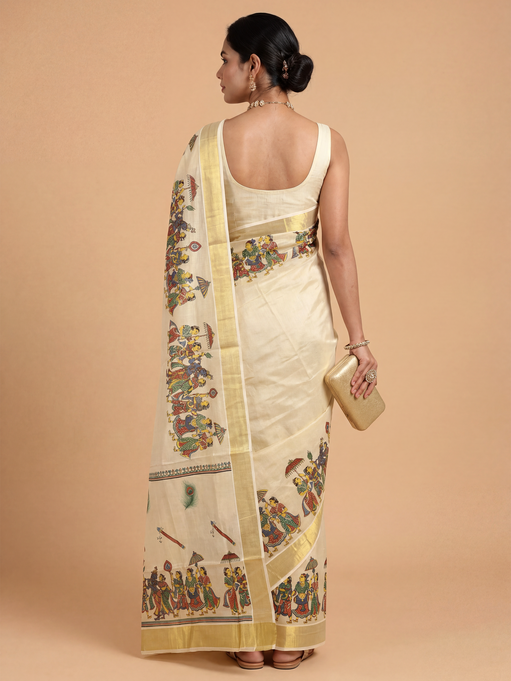 Women Kerala Peacock Printed Cream Saree KLS26