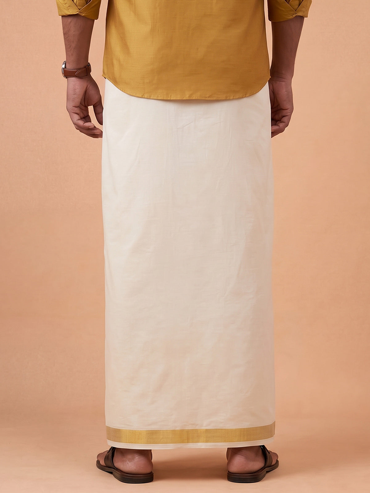 Double Layer Cotton Cream Kora Dhoti With Gold Jari Border - HF Gold HFG09
